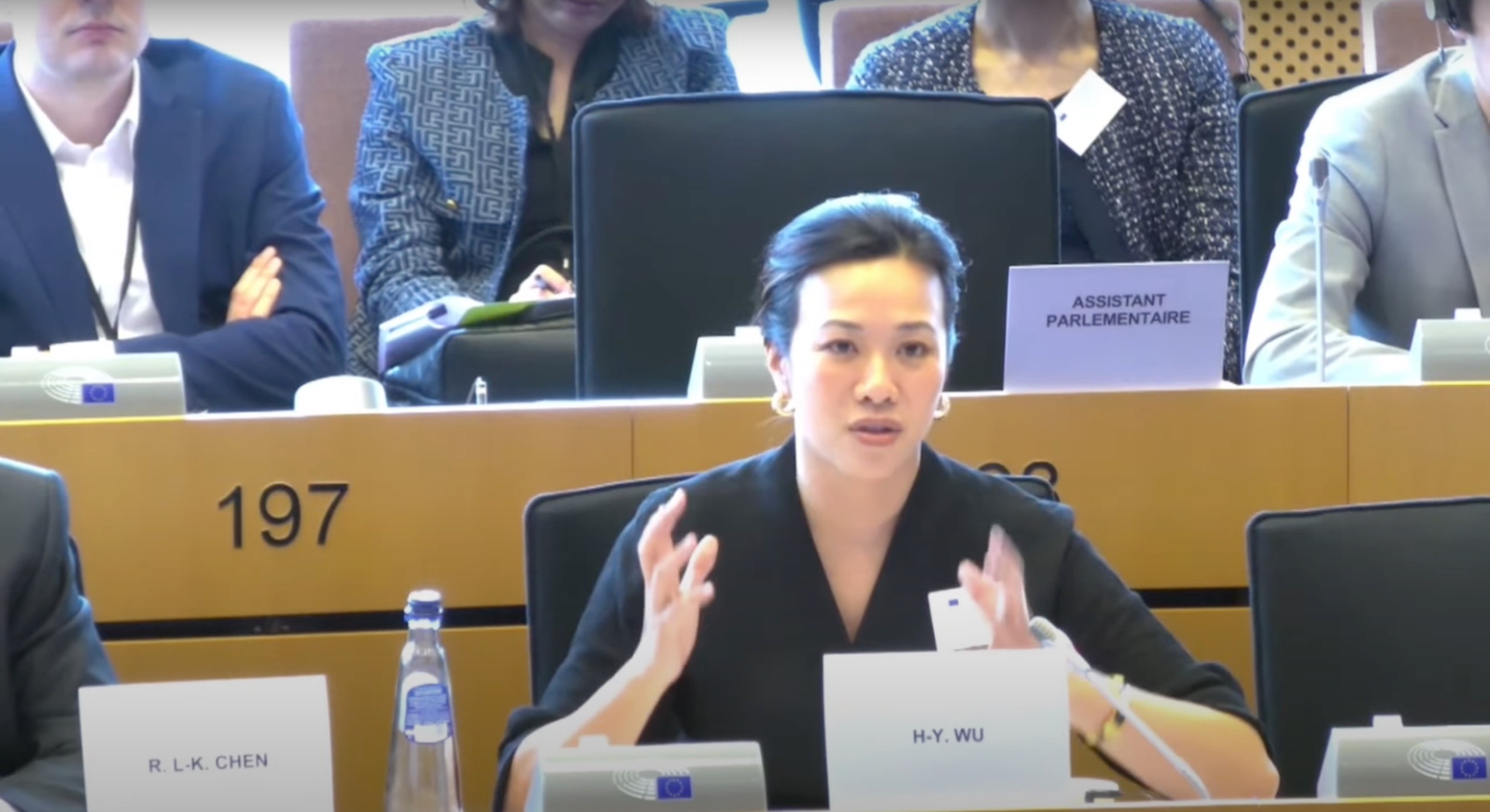 吳欣盈7月獲邀出席歐洲議會國際貿易委員會的公聽會，是台灣首位出席歐洲議會會議的立委代表。（翻攝自歐洲議會國際貿易委員會線上直播）