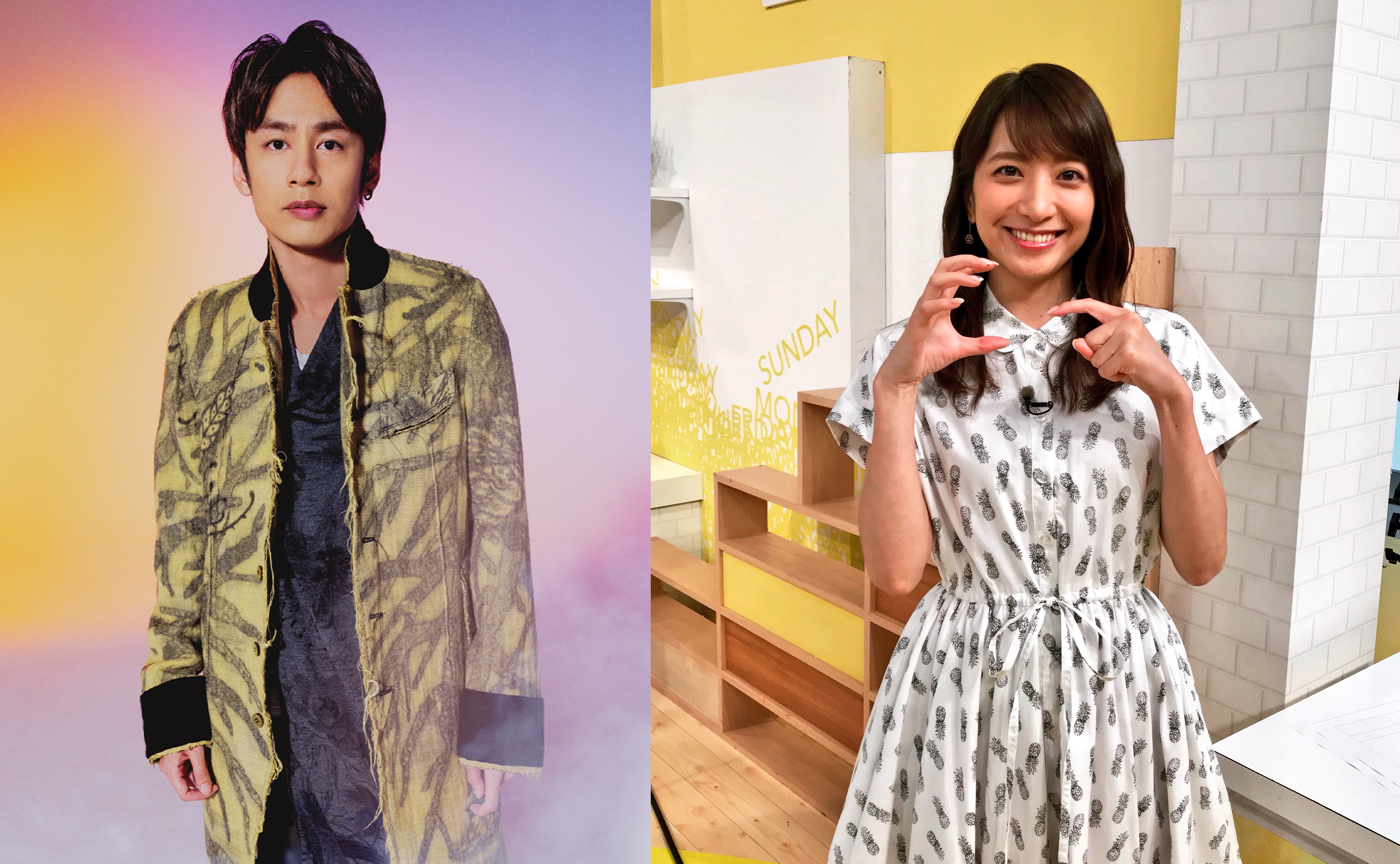 中丸雄一（左圖）今宣布與前日本電視台主播笹崎里菜結婚。（左圖翻攝自KAT-TUN官網，右圖翻攝自日本電視台Twitter）