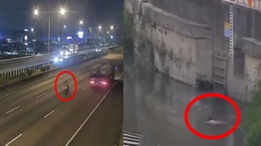 警消人員在三爺宮溪排水溝內尋獲正在裸泳的吳姓騎士，並順利將人救起送醫。（翻攝畫面）