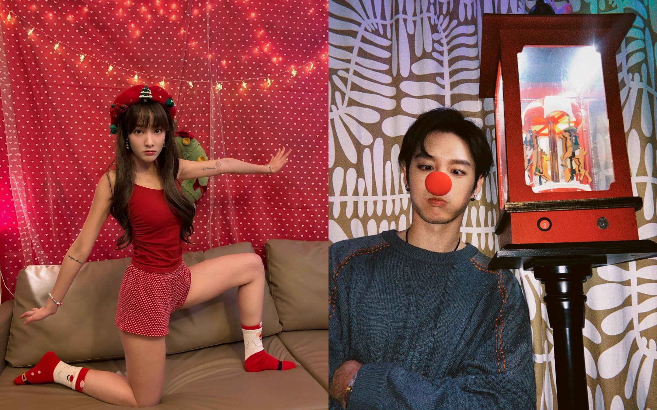 王淨與曹佑寧分別在耶誕節分享照片，2人的姿勢表情都很趣怪可愛。（翻攝王淨、曹佑寧 IG）