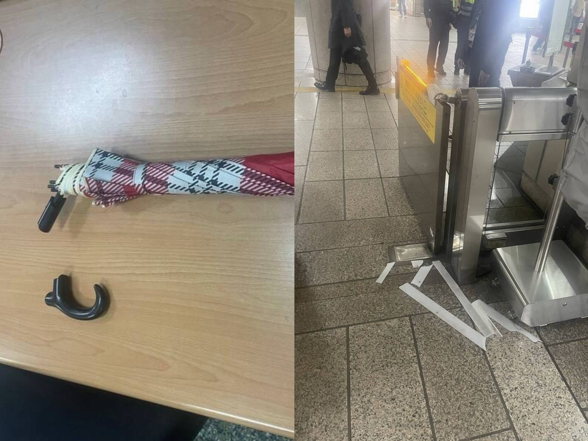 一名70歲男子酒後搭乘捷運，疑似遺失悠遊卡無法刷卡通過閘門情緒失控，持雨傘敲打閘門。（翻攝畫面）