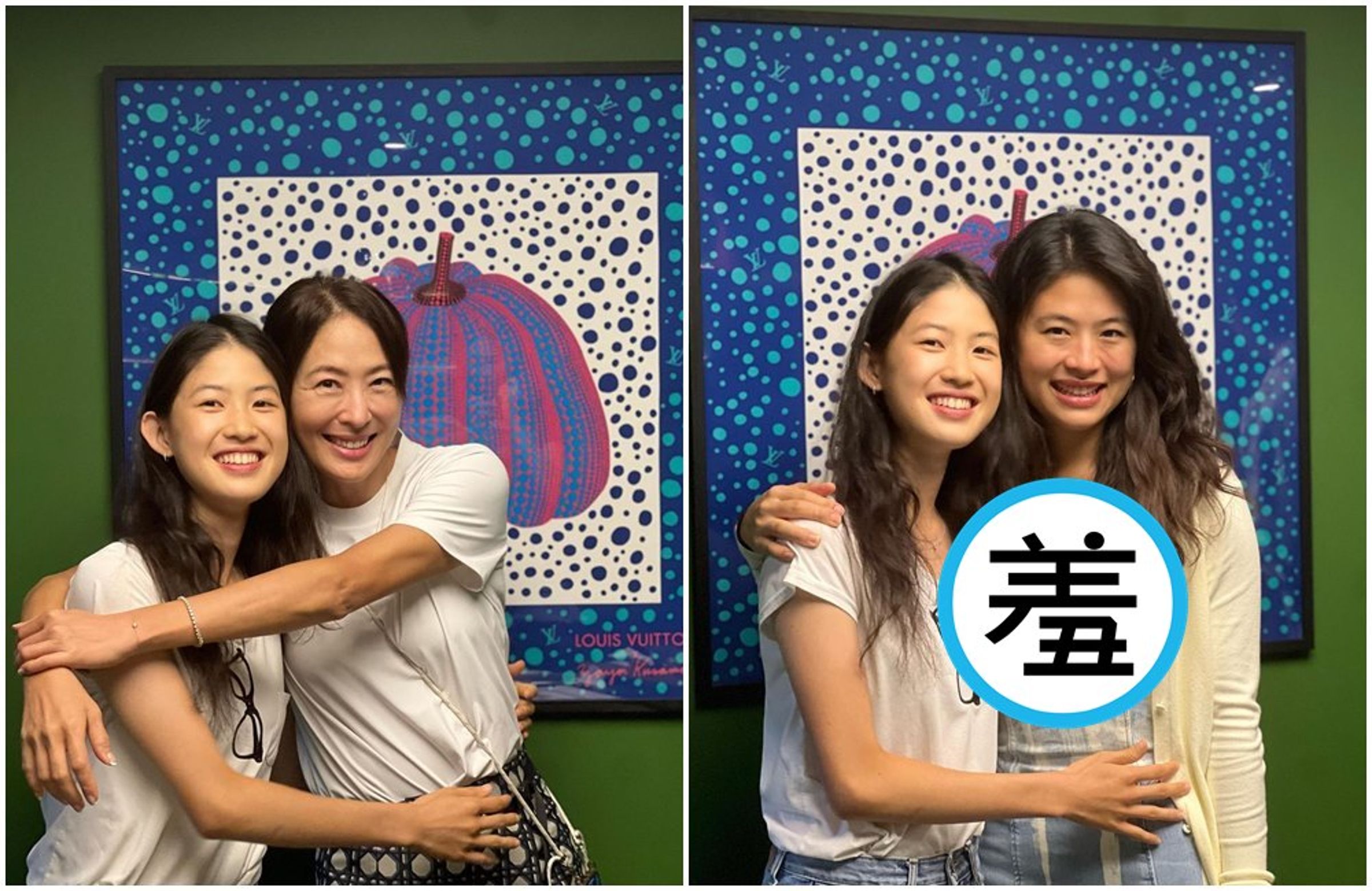 賈永婕(左圖右)和女兒安安(右圖右)幫關愛(左)過生日,安安穿著小秀性感。(翻攝關愛IG)