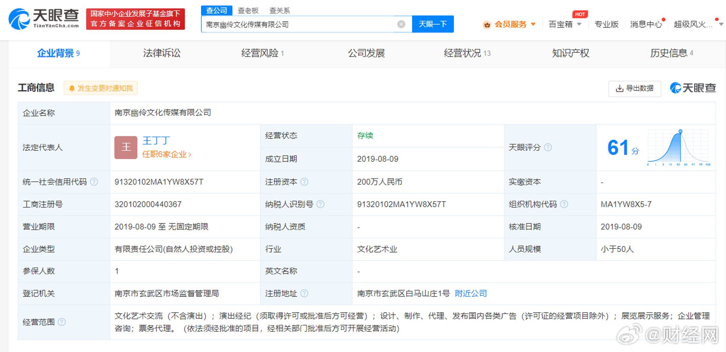 南京幽伶文化傳媒有限公司成立於2019年8月,法定代表人為王丁丁。(翻攝微博)