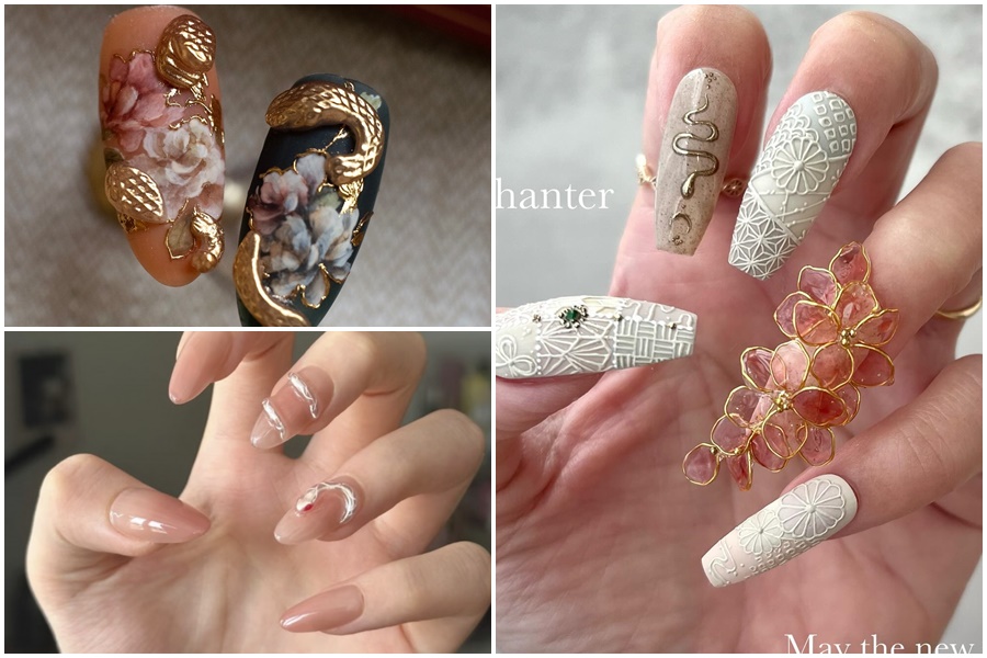 來看看各路高手怎麼把「蛇年」發揮的淋漓盡致吧！（翻攝自吉娜兒IG、chanter_nail IG、凱瑞的茨球小紅書）