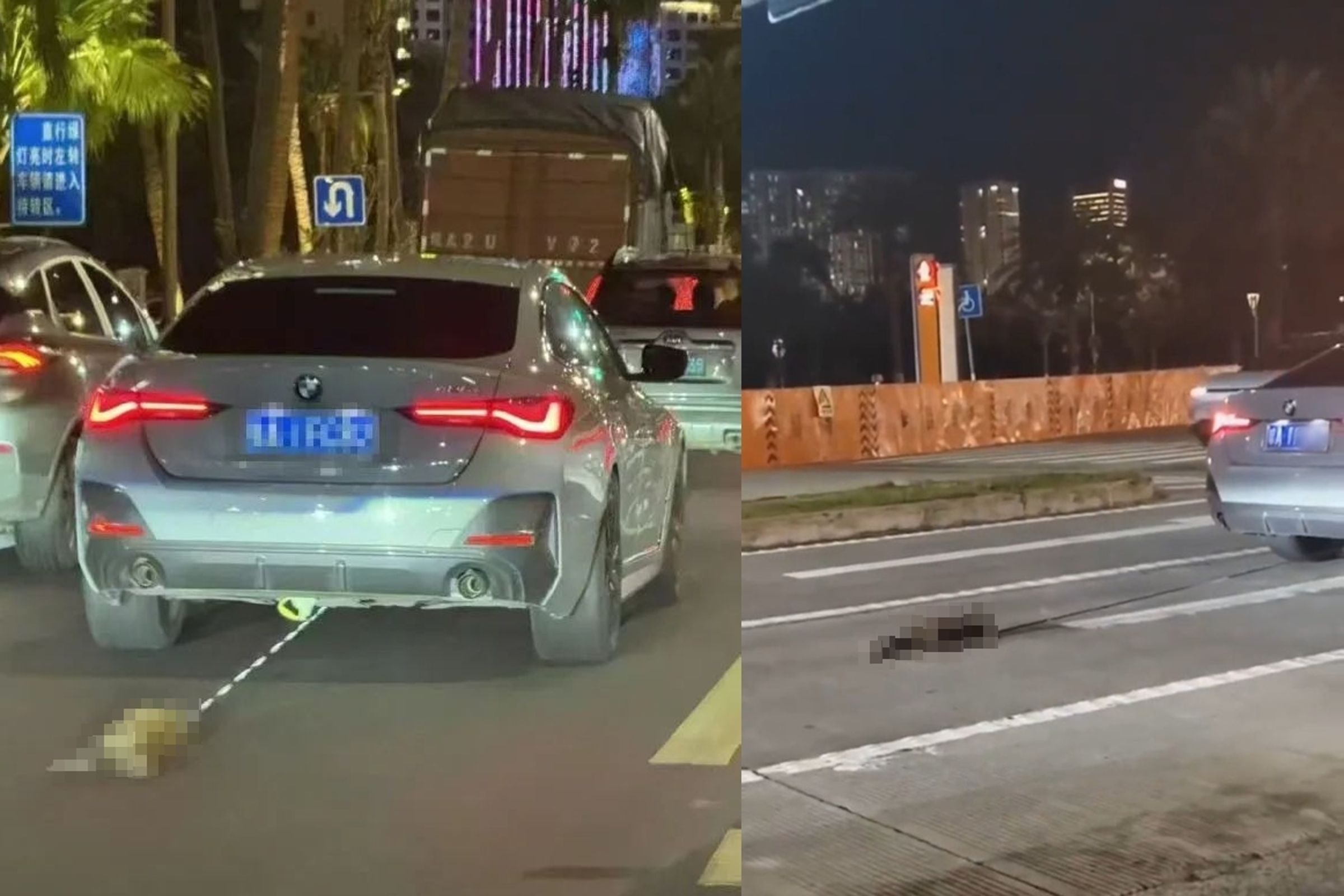 BMW汽車拖行貓咪，影片曝光後迅速在網路引發熱議，不少網友質疑駕駛人虐待動物。（翻攝自微博）