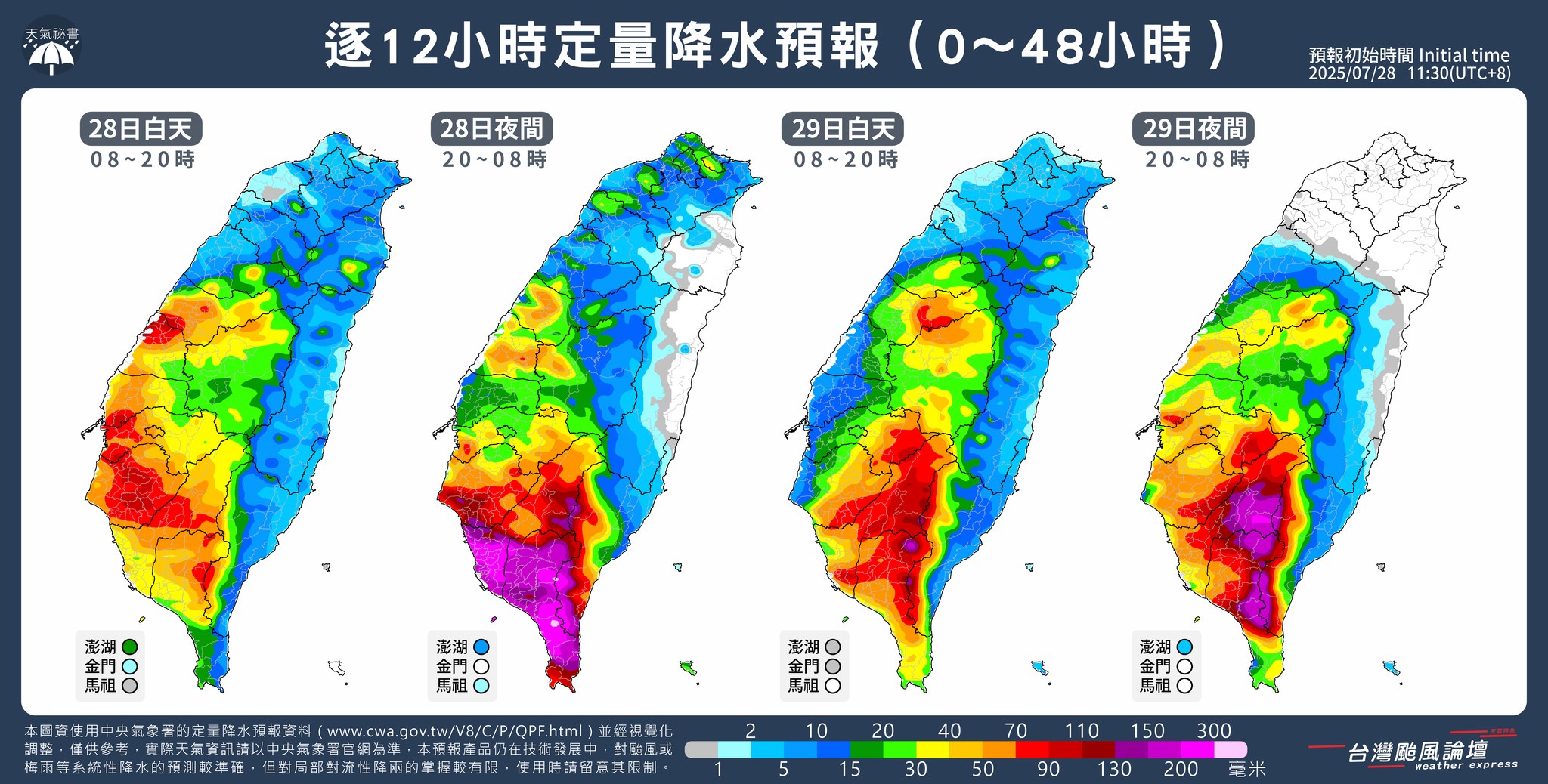 氣象粉專提醒，中、南部地區的朋友，務必提高警覺，小心災害發生。（翻攝自臉書@台灣颱風論壇｜天氣特急）