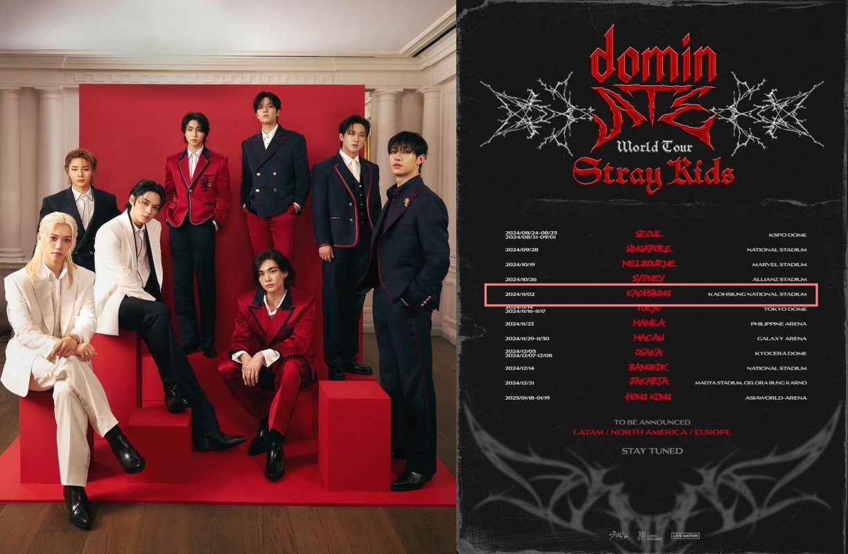 韓國男團Stray Kids宣布11月2日於高雄世運主場館開唱。（左翻攝tommyhilfiger X、右翻攝Live Nation FB）
