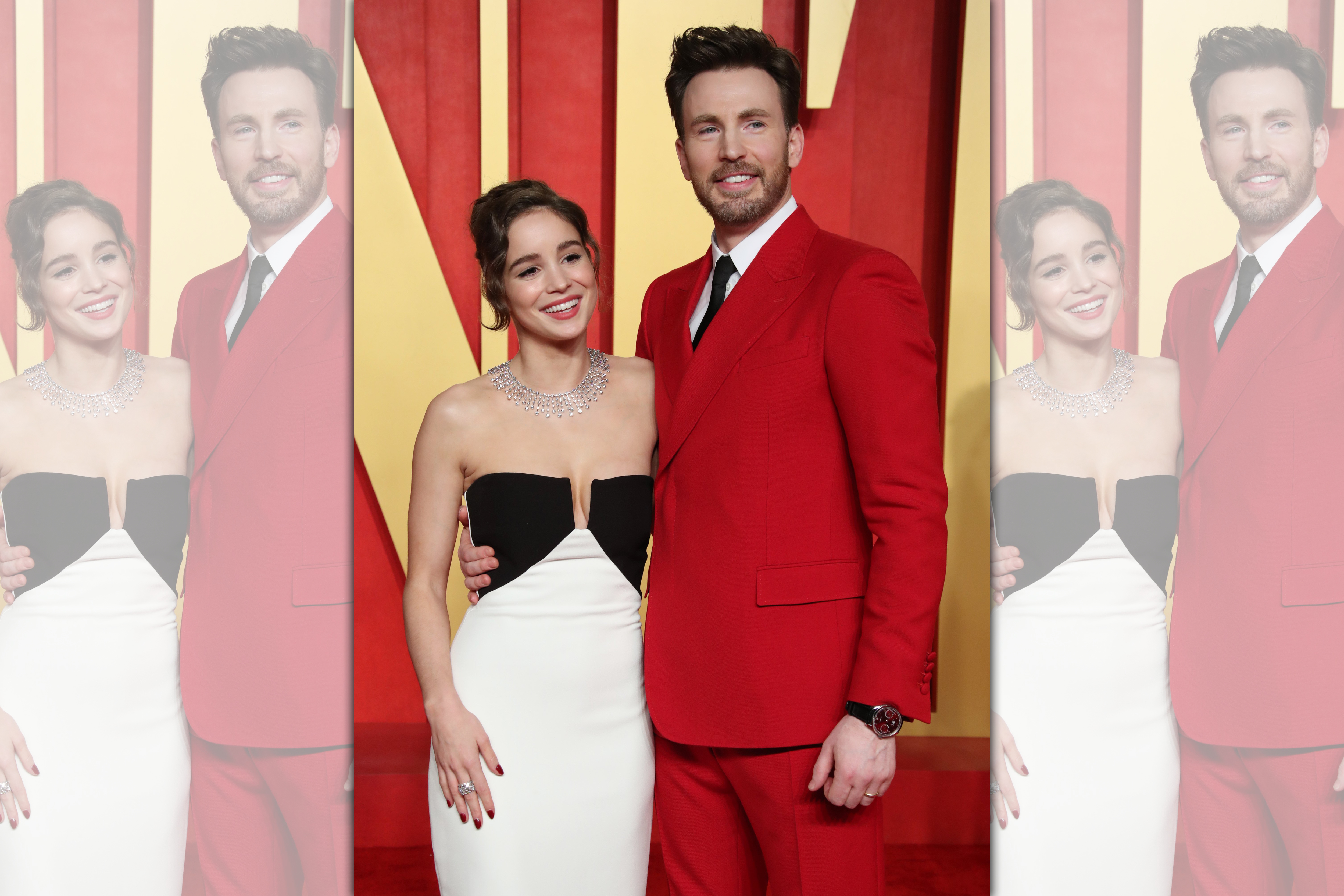 克里斯伊凡（右）與艾芭巴普蒂斯塔（左）於2024年3月，以夫妻身分一起出席奧斯卡會後派對。（東方IC）