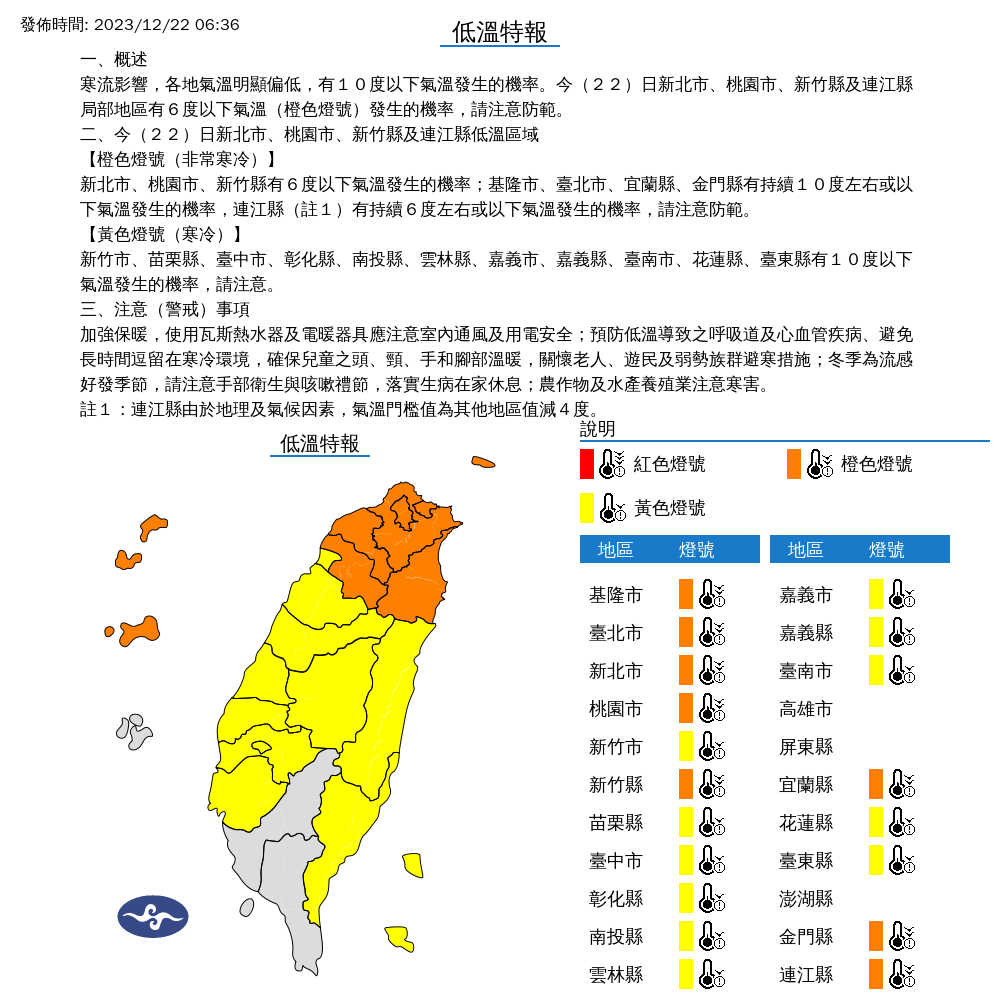 氣象署針對19縣市發布低溫特報。(氣象署提供)