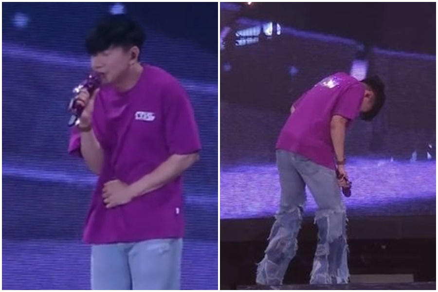 歌手JJ林俊傑在台上唱一半，突然痛到站不直，面露痛苦畫面也跟著曝光。，（翻攝自微博）