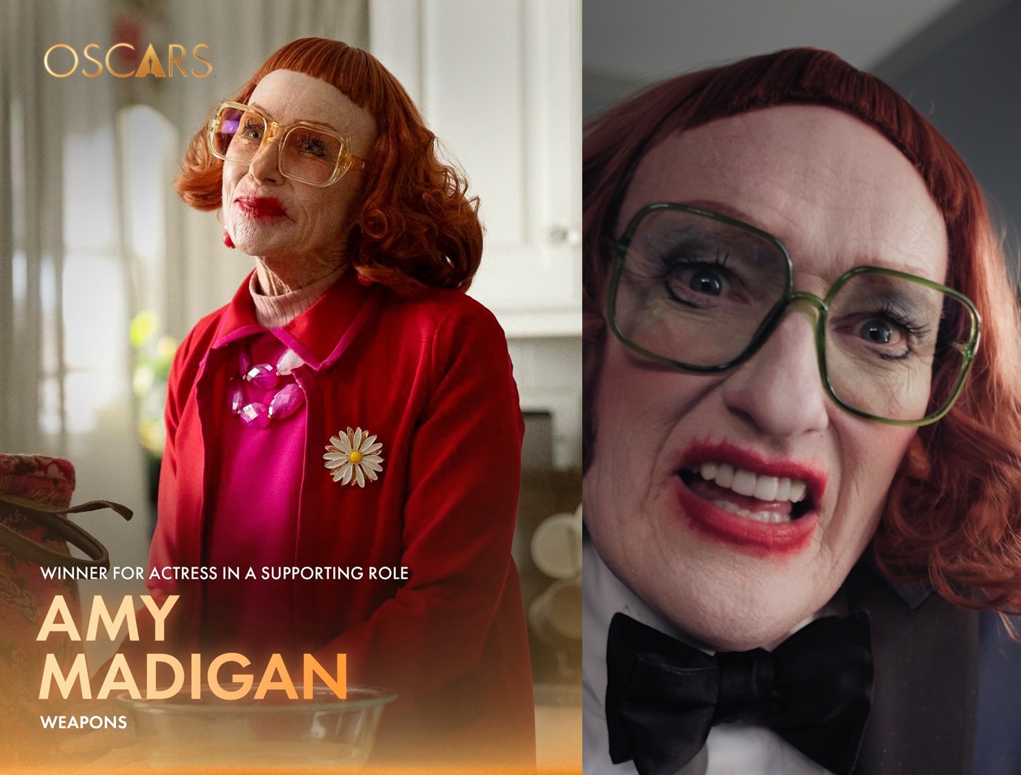  柯南歐布萊恩化身本屆女配角獎得主艾美麥蒂根得獎作《凶器》中的「葛莉蒂絲」阿姨角色，亂入其他入圍電影惡搞。（翻攝theacademy IG）