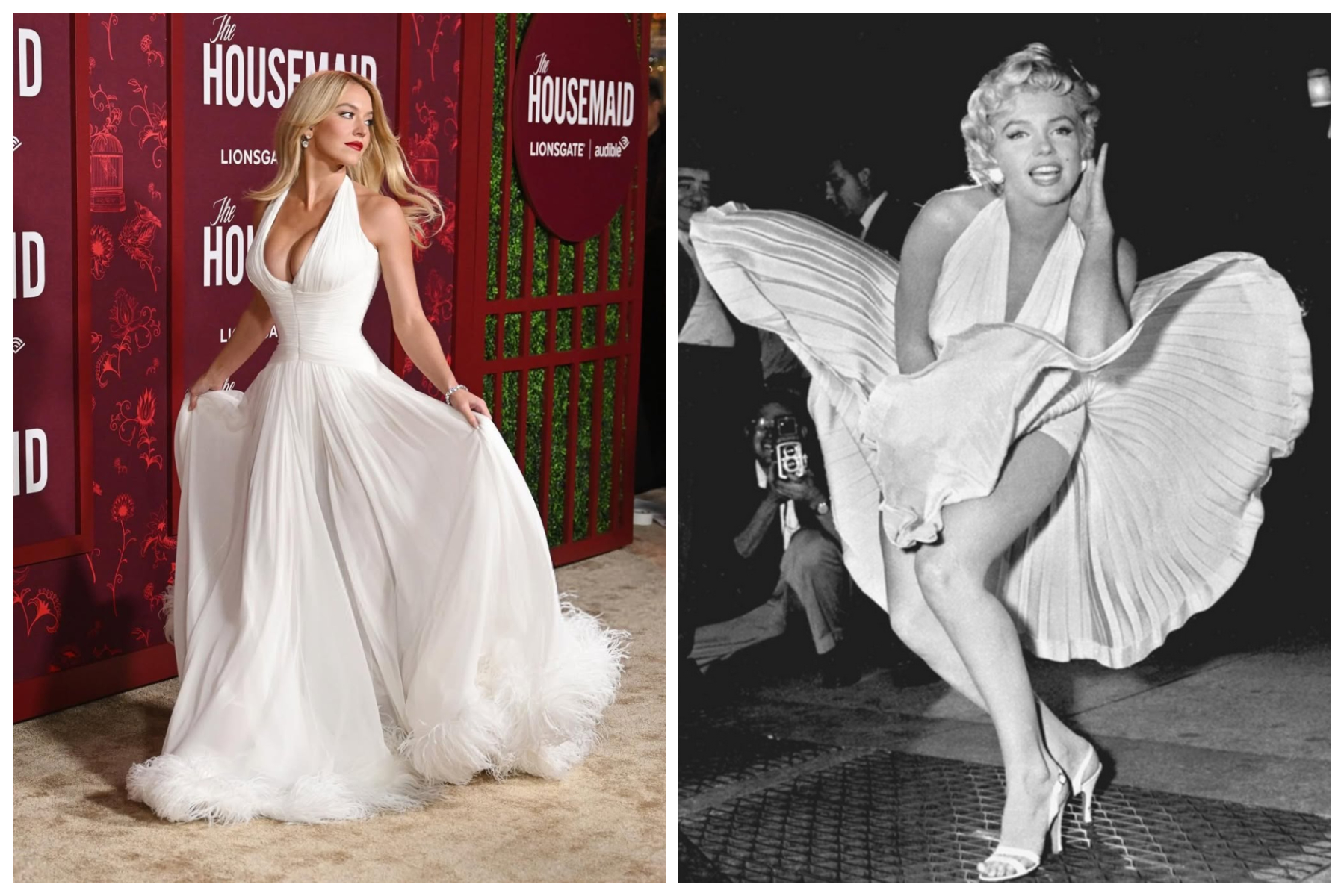 席德妮史威尼的紅毯造型，被指向瑪麗蓮夢露致敬。（翻攝housemaidmovie IG、NBC Bay Area臉書）