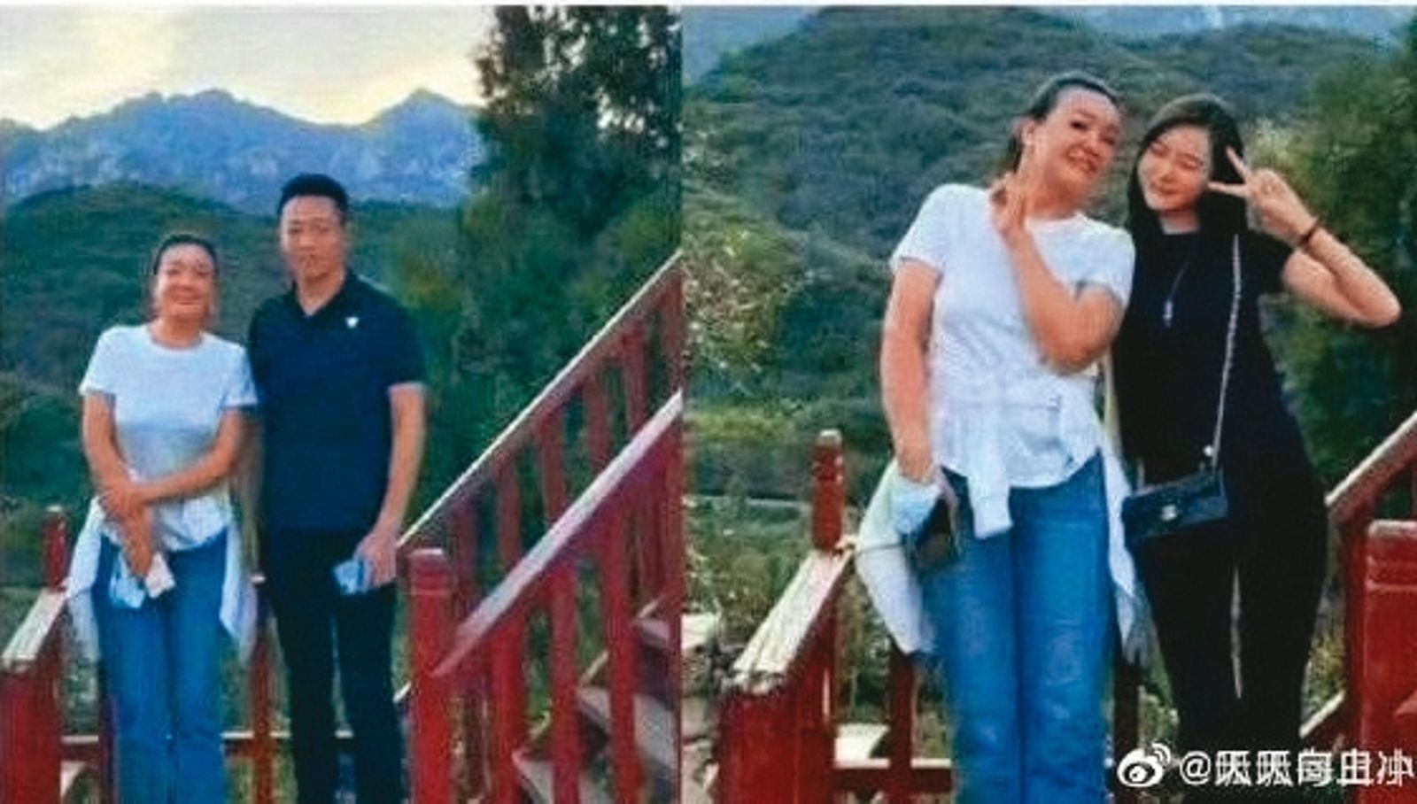 張蘭（左）替兒子汪小菲（左圖右）打包票沒出軌張穎穎（右圖右），卻和他們一起出遊拍照。（翻攝自新浪微博）