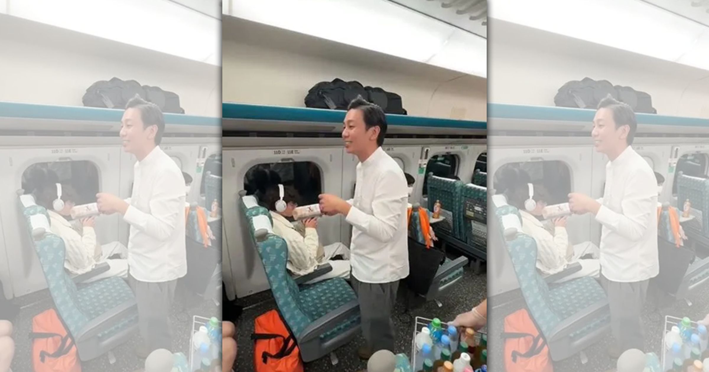 吉而好文創關係企業營運長侯柏安昨日在高鐵上請乘客喝飲料，慶祝台灣拿下世界12強棒球賽冠軍。（翻攝自threads）