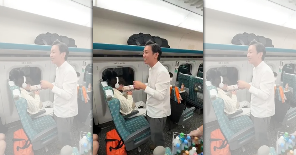 吉而好文創關係企業營運長侯柏安昨日在高鐵上請乘客喝飲料，慶祝台灣拿下世界12強棒球賽冠軍。（翻攝自threads）