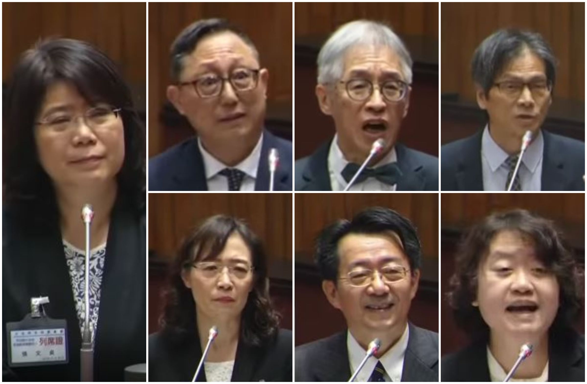 7名大法官人選,依序為司法院長被提名人張文貞(左)、司法院副院長被提名人姚立明(上排左起)、何賴傑、陳運財、王碧芳(下排左起)、廖福特與劉靜怡。除王碧芳外,其他6名立場堅決廢除死刑。(翻攝國會頻道畫面)