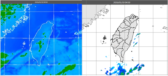 今晨4時50分紅外線雲圖顯示，巴士海峽有較多雲層，陸上大多晴朗（左圖）；4時50分降水回波合成圖顯示，巴士海峽有弱回波（右圖）。（翻攝自氣象應用推廣基金會）