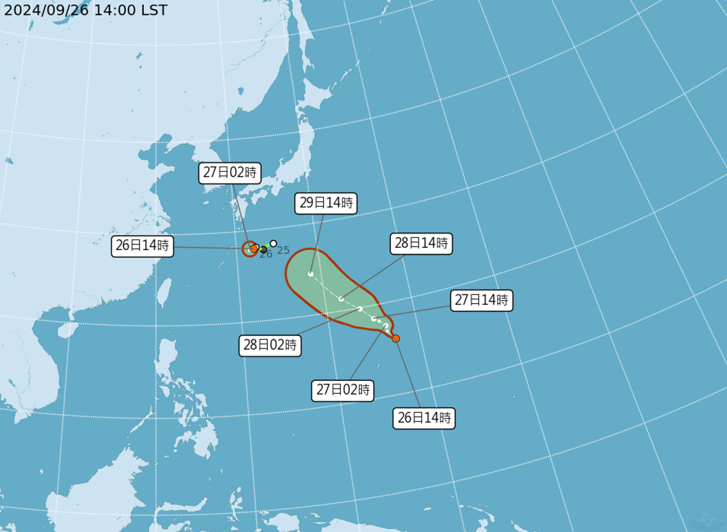 今日下午2時許關島附近生成第21號熱帶性低氣壓，預估24小時內有機會增強為颱風。（取自中央氣象署官網）