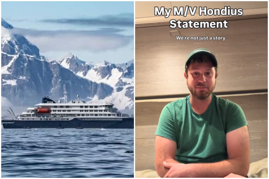 一艘荷蘭籍的極地郵輪「洪迪斯號」（MV Hondius）疑似爆發漢他病毒疫情釀3死，一名美國旅遊部落客在Instagram上傳影片淚訴近況。（翻攝自Oceanwide Expeditions官網、抖音）