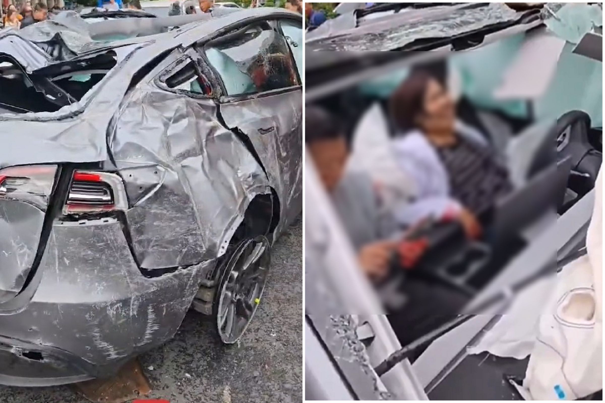 中國特斯拉「空中連續翻滾」驚悚影片曝光!砸爛多輛車,車主與女伴結局更驚人。(翻自微博)