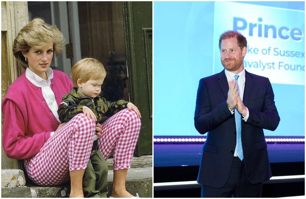 哈利王子被爆曾想改成母親黛安娜的姓氏「史賓賽」（左圖），近日他悄悄到上海參加旅遊活動（右圖）。（翻攝X@HistoricHub、sussex.com）