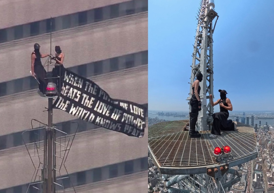 俄羅斯極限運動情侶檔安潔莉卡與伊凡,週三非法爬上離地442公尺的紐約帝國大廈,玩命求婚。(翻攝自IG@angela_nikolau)