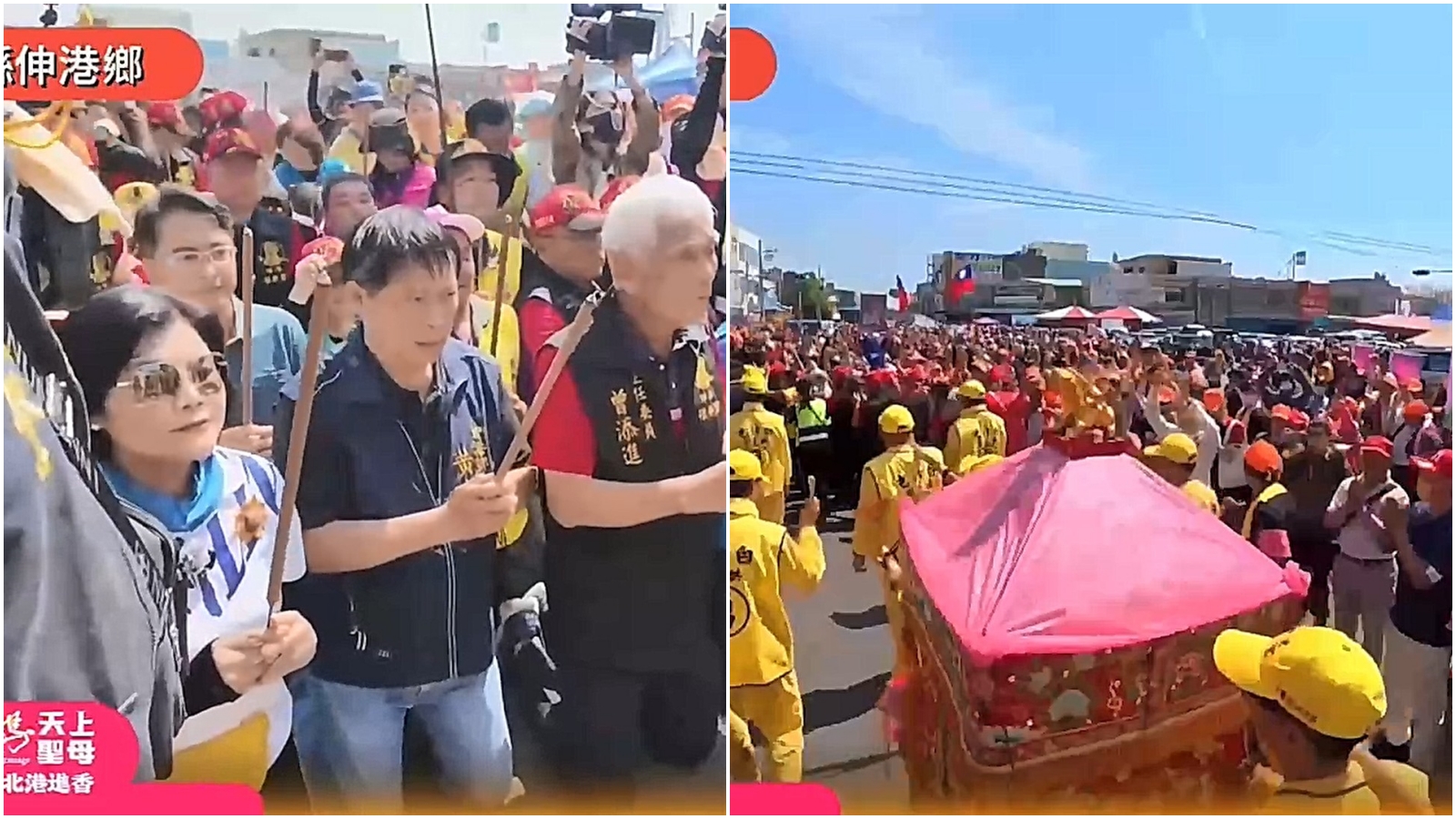 張麗善跪地攔轎求停駕，不過白沙屯媽祖直行離去。（翻攝自白沙屯拱天宮臉書）