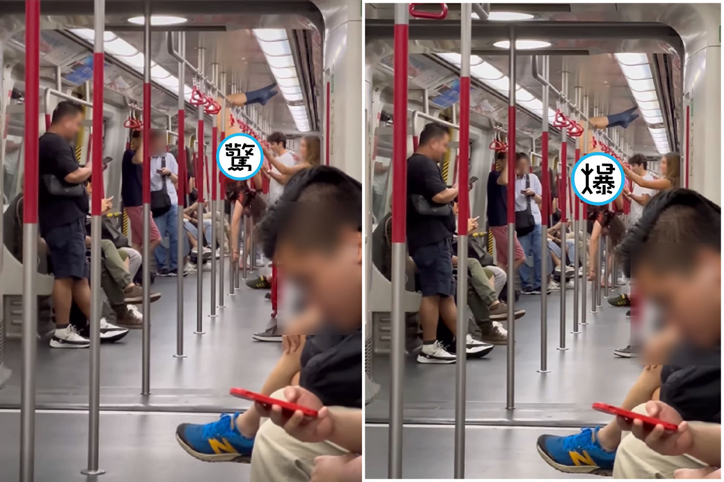 她把地鐵列車當健身房,練體操倒掛狂洩「蜜桃臀春光」!乘客們不忍直視。(翻自臉書)