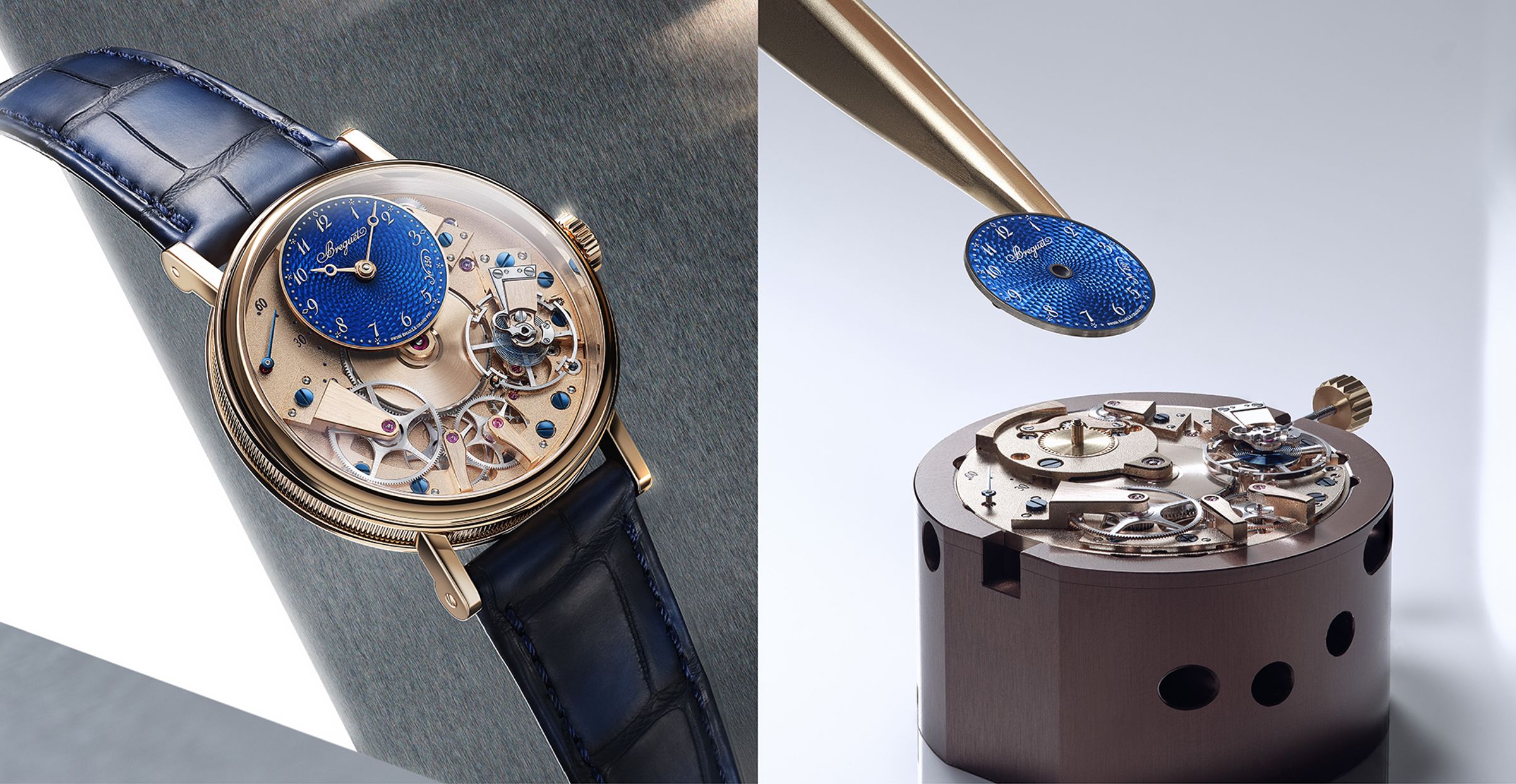 寶璣Tradition Seconde Rétrograde 7035使用寶璣代表色的藍色與金色，並且在時間顯示盤上，裝飾250週年的鐘錶堤岸機刻雕花圖案。