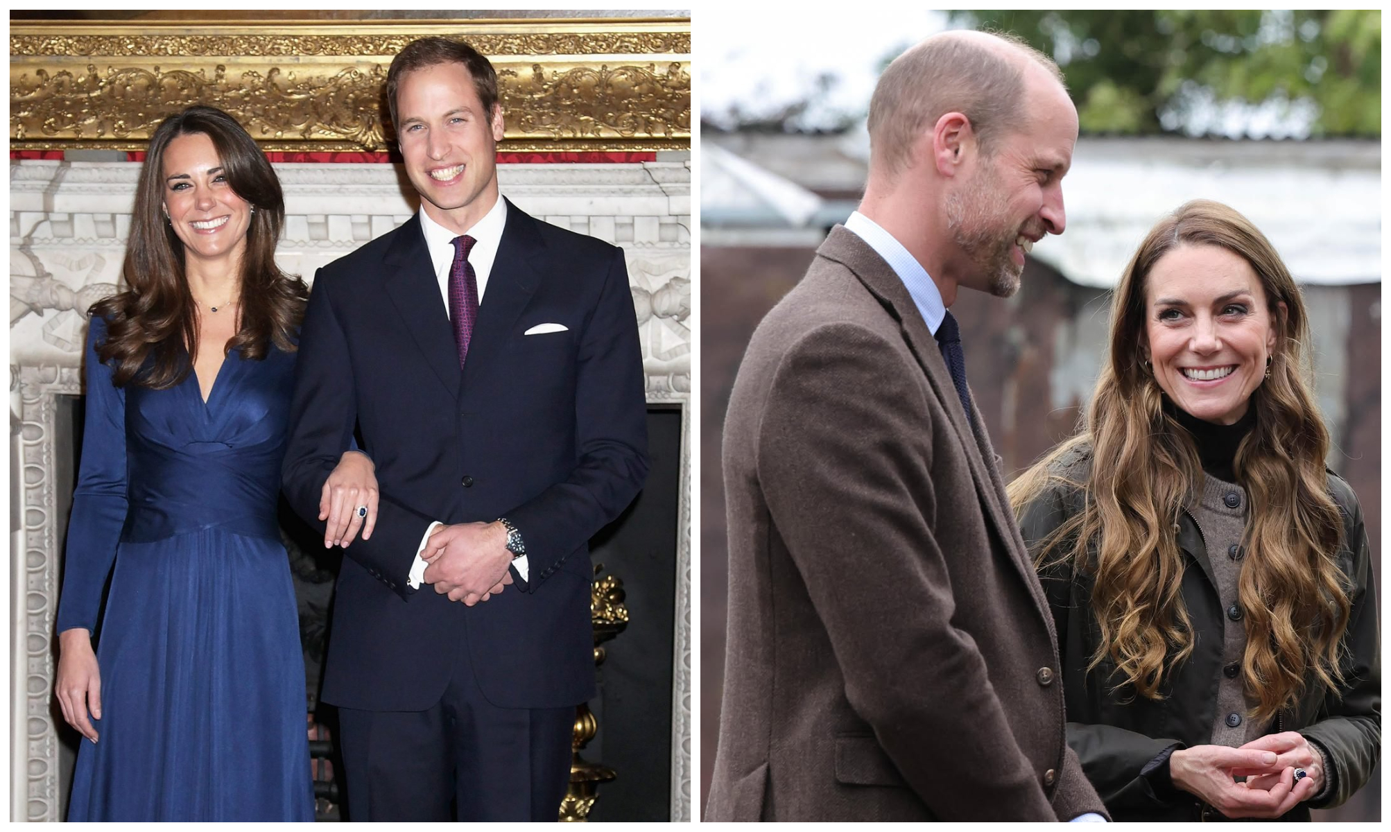 凱特王妃和威廉王子訂婚15週年,當年兩人一同在白金漢宮正式向媒體宣布訂婚(左圖)。(翻攝X@ProRoyalFamily、princeandprincessofwales IG)