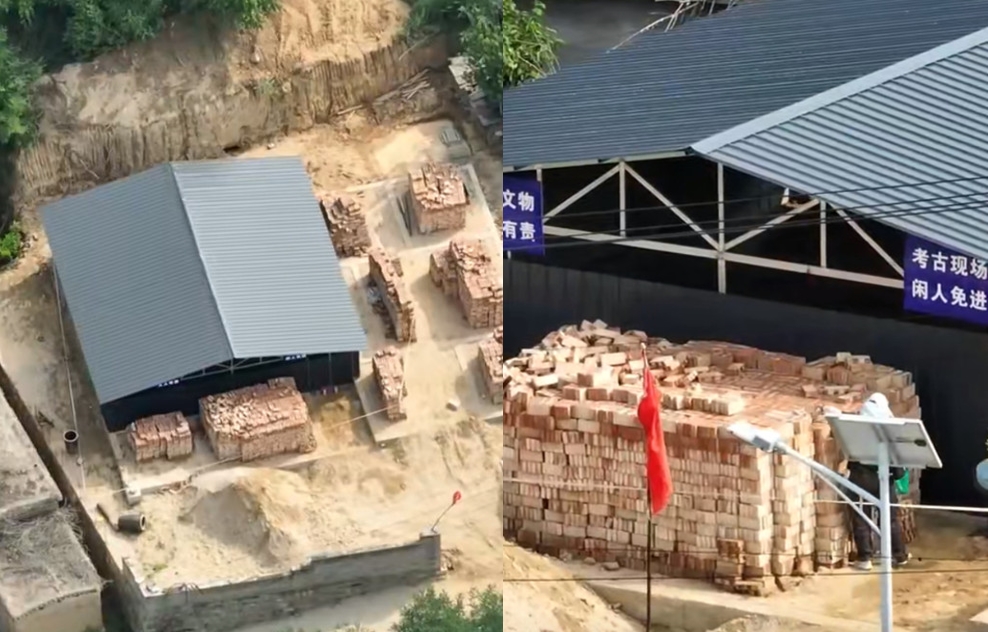 河北村民蓋新房時，意外挖出一座古墓，目前已將現場封鎖，等待後續考古挖掘。（翻攝微博）