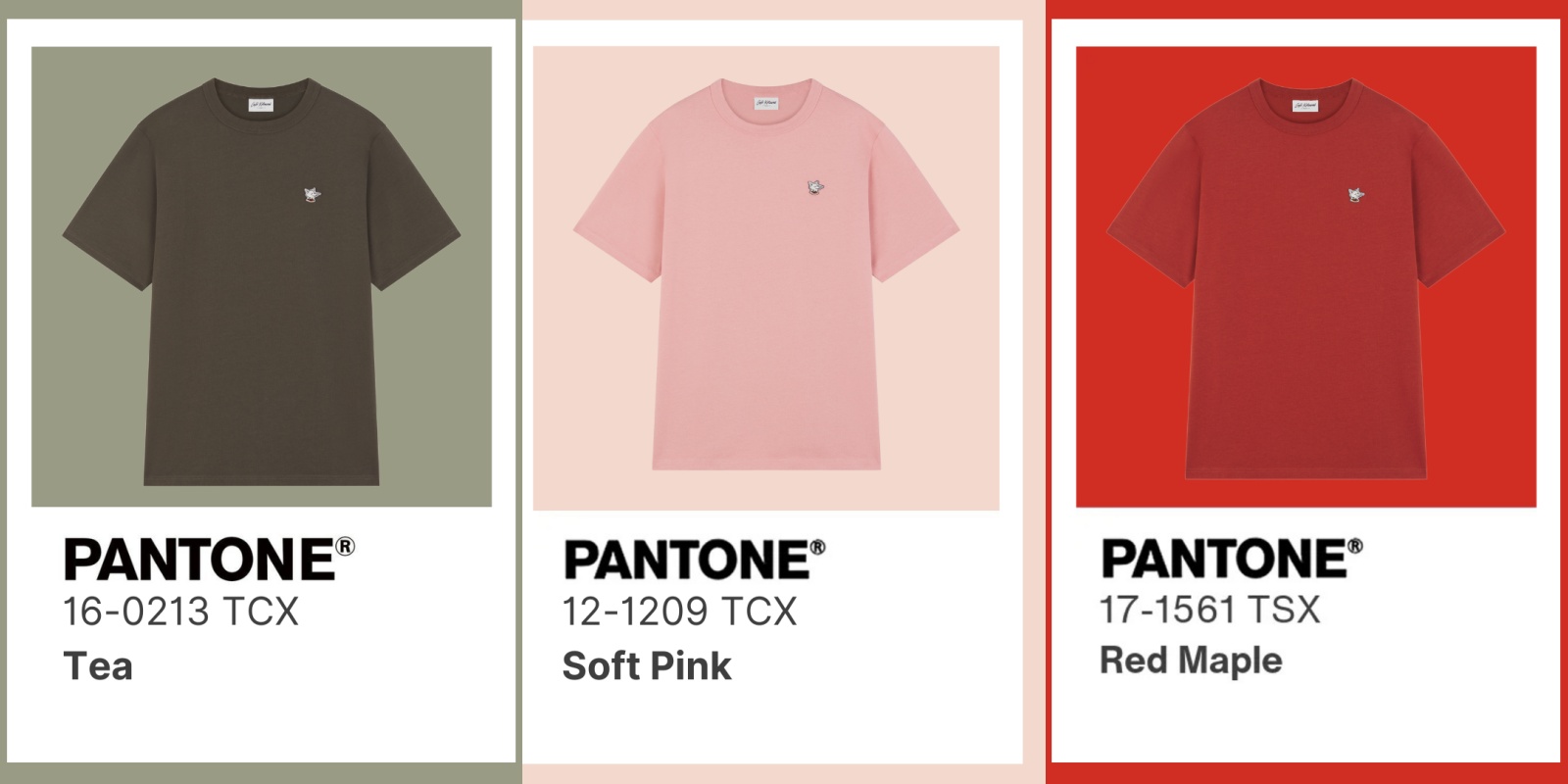 Cafe Kitsuné將秋天的風味色彩融入服裝設計，包括（左起）「煎茶綠」、「果汁粉」、「紅豆紅」都成為好「入味」的衣服。（Cafe Kitsuné提供）