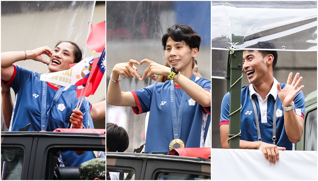 台灣英雄遊行今天下午登場，左起拳擊選手陳念琴、林郁婷、柔道選手楊勇緯。