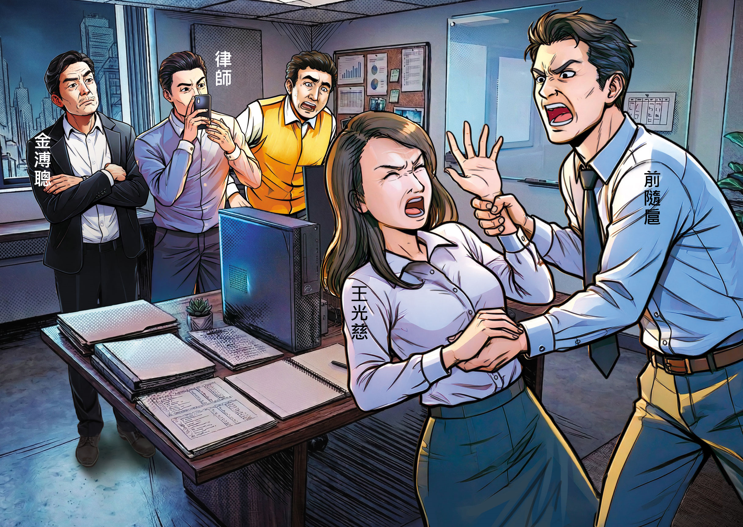 2月25日金溥聰銜命赴馬基金會，同行人員與王光慈一度爆拉扯衝突。（示意畫面，AI繪圖FREEPIK生成，本刊美術組後製）