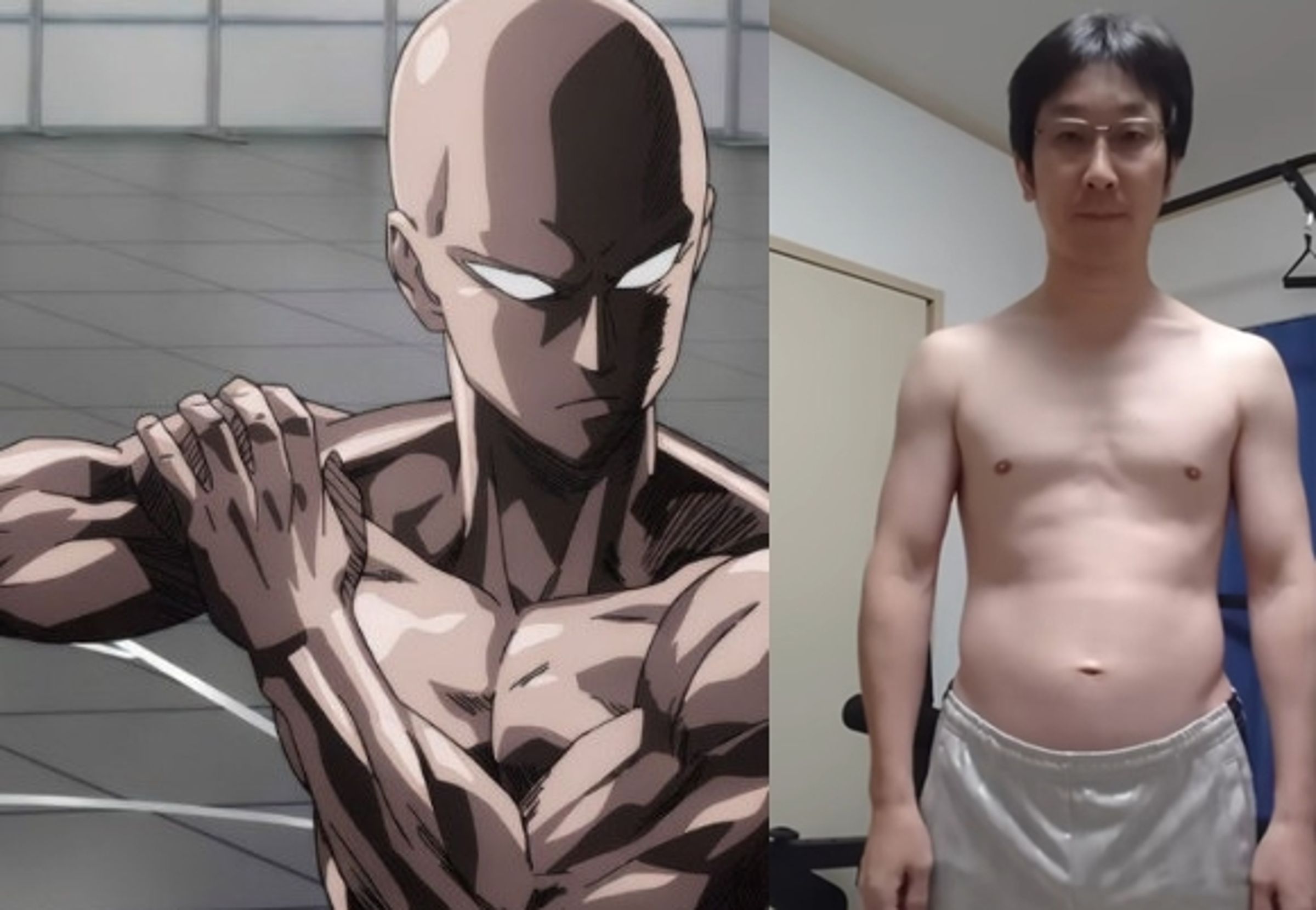 Tasuke實測動漫《一拳超人》主角埼玉的訓練菜單,結果身材大轉變。(翻攝X@laobaishare、YT@tasuke challenge Hero Name【中年野良トレーニー】)
