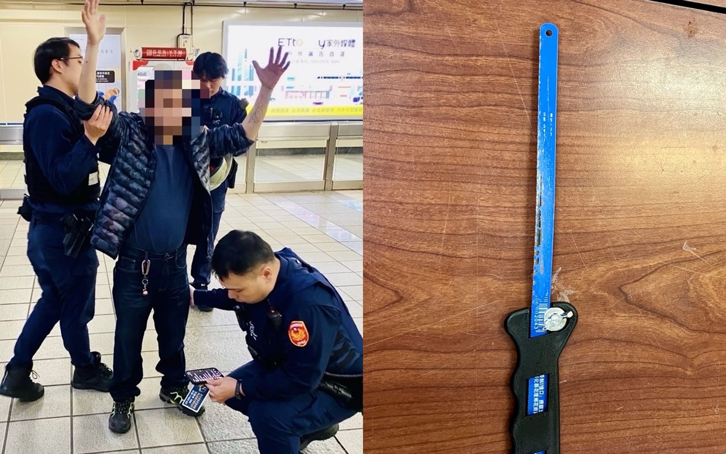 張姓裝潢工人今日凌晨帶著手鋸搭乘捷運，嚇壞車上乘客。（翻攝畫面）