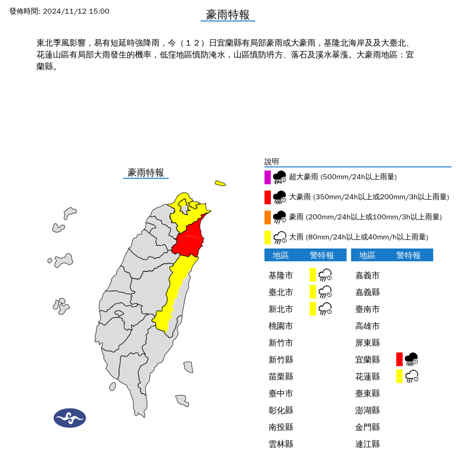 宜蘭縣達大豪雨等級亮起「紅色警示」。(中央氣象署提供)
