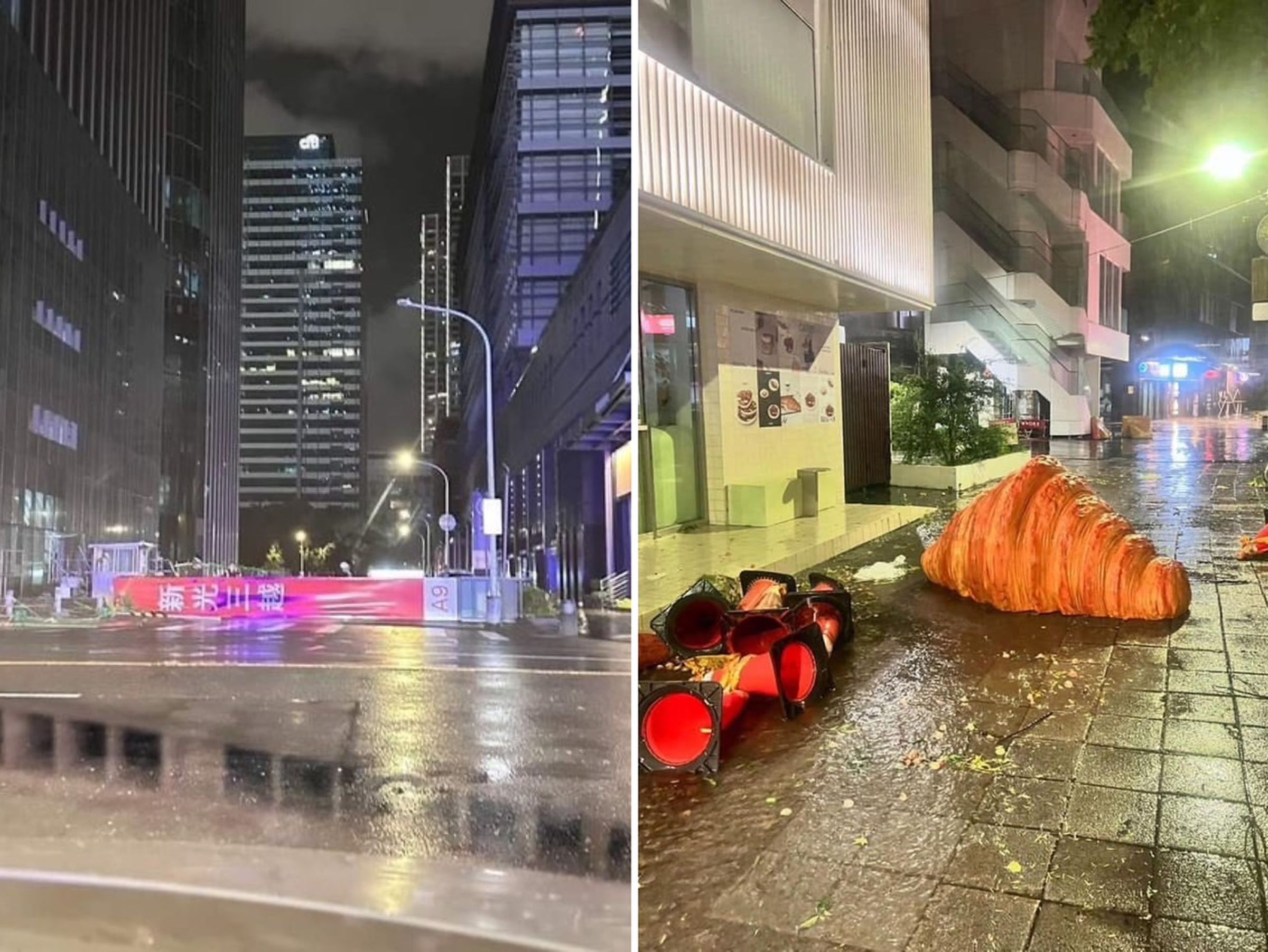 新光三越燈箱倒下,還有巨型可頌裝飾飛至路上。(翻攝爆料公社、臉書「重機車友 ❘ 各區路況天氣、資訊分享中心」)