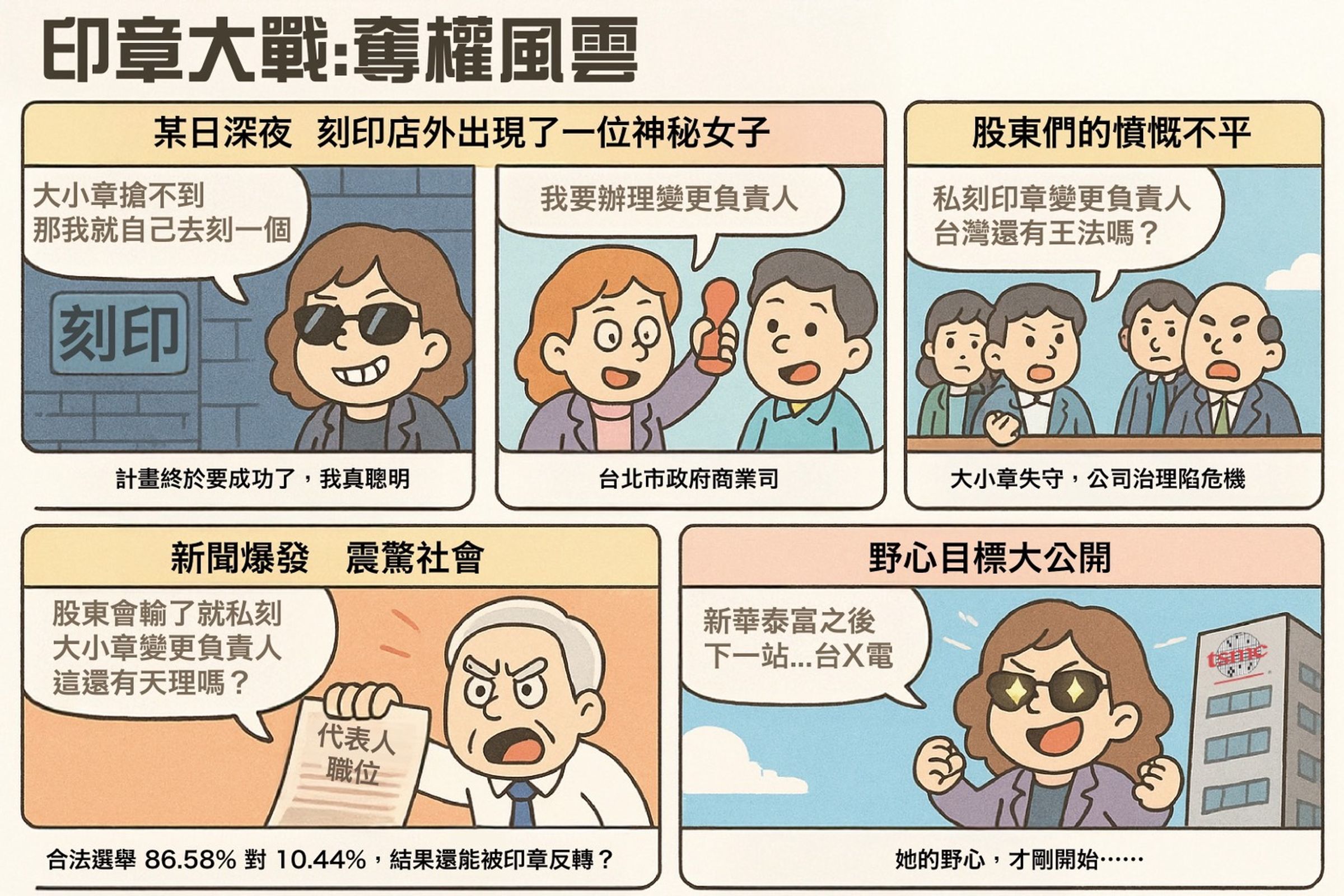 經營團隊不滿市場派相關人士私下亂刻公司大小章辦理商業登記變更,非法奪權。(新華泰富提供)