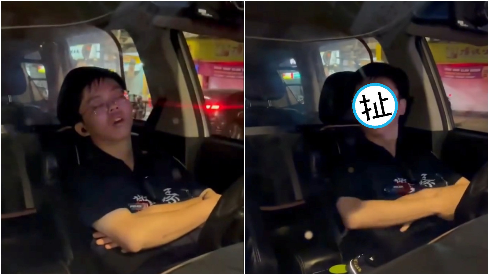 北市警怠勤車上睡大頭覺，被敲窗驚醒「嚇一跳」。（翻攝畫面）