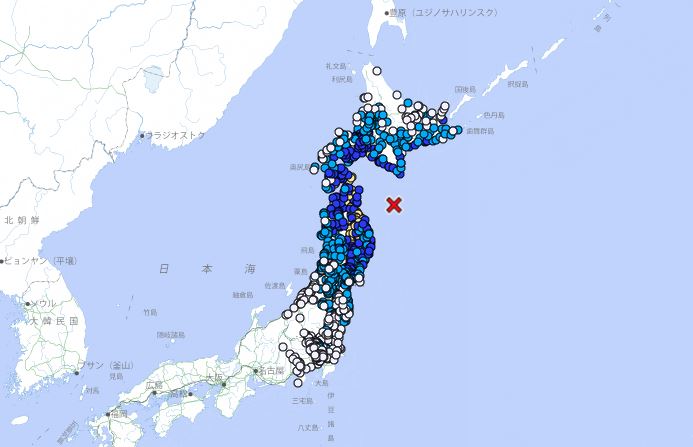 日本青森縣外海餘震連連。（翻攝自日本氣象廳）