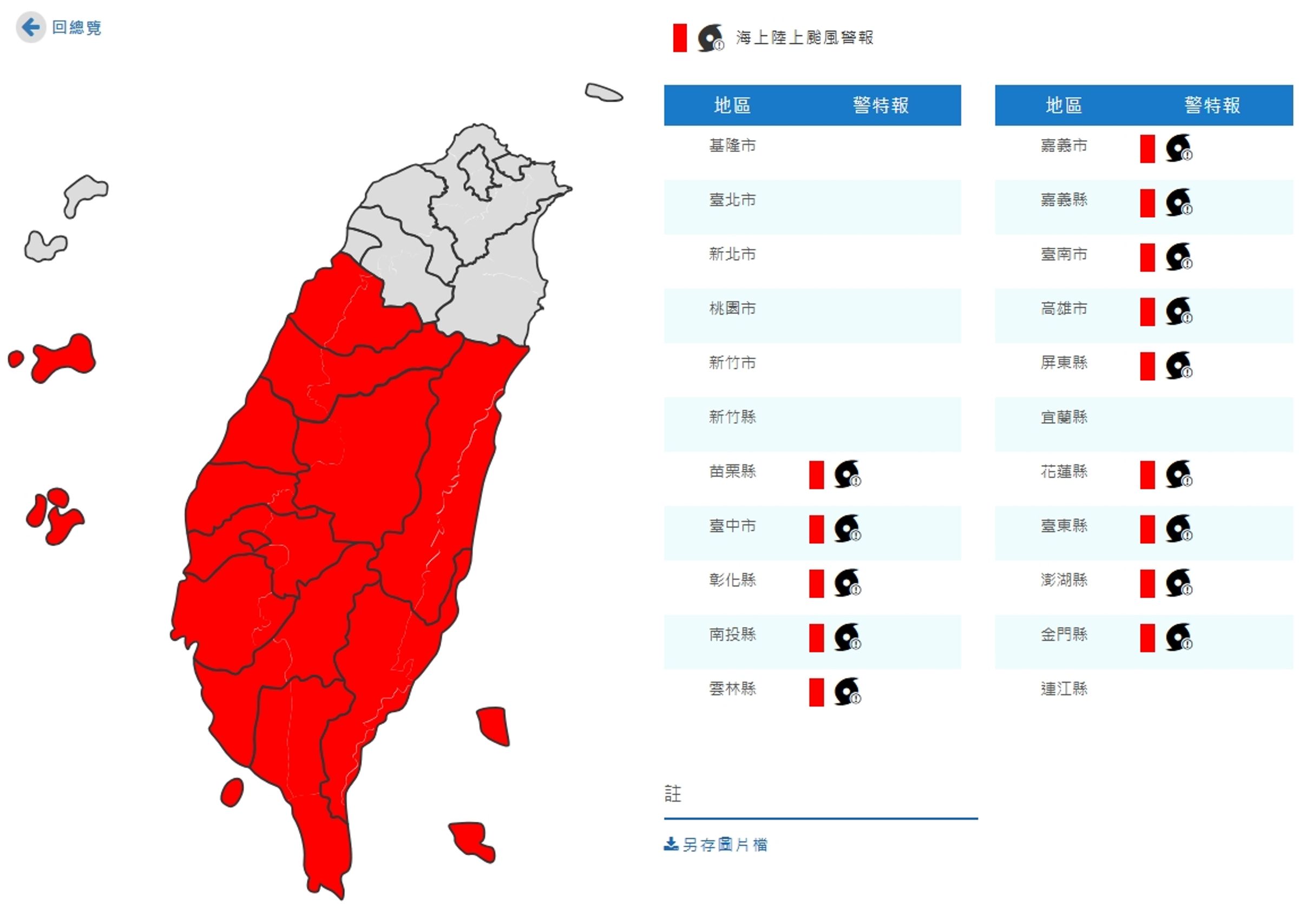 陸上警戒範圍包含花蓮、台東、苗栗、台中、彰化、南投、雲林、嘉義、台南、高雄、屏東、澎湖、金門應嚴加戒備。(翻攝自中央氣象署官網)