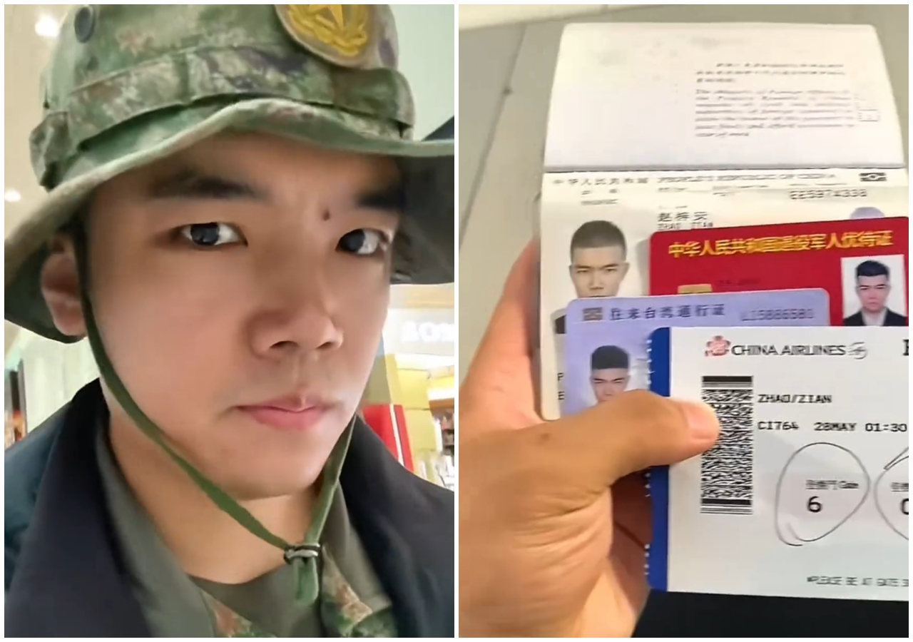 名為趙梓安的解放軍退役軍人，身穿迷彩服現身桃園國際機場內，引起網路熱議。（翻攝自網路）