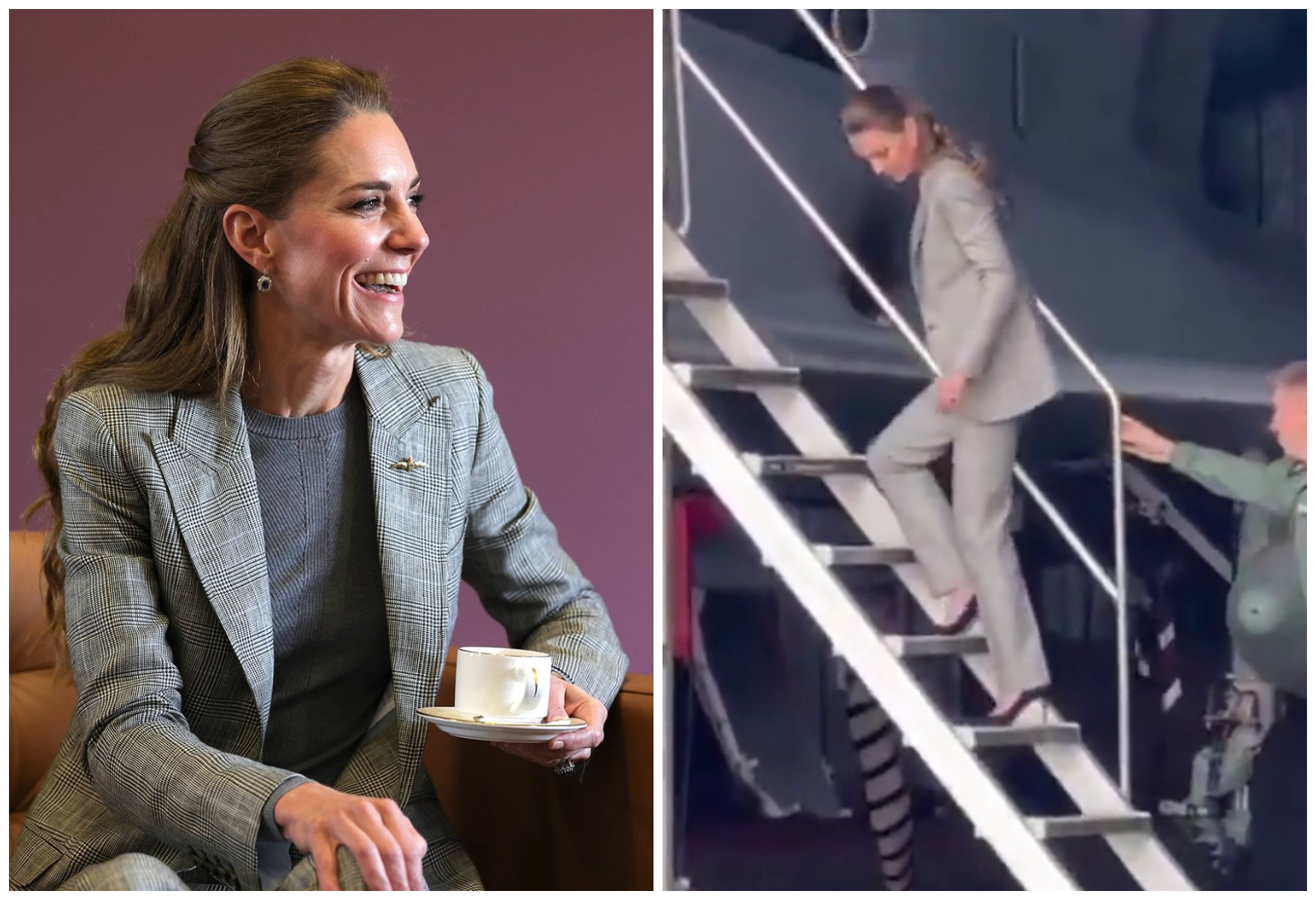 凱特王妃參訪空軍基地，踩高跟鞋倒走樓梯，讓人看得驚呼連連。（翻攝princeandprincessofwales、Ｘ@HelloCanada）