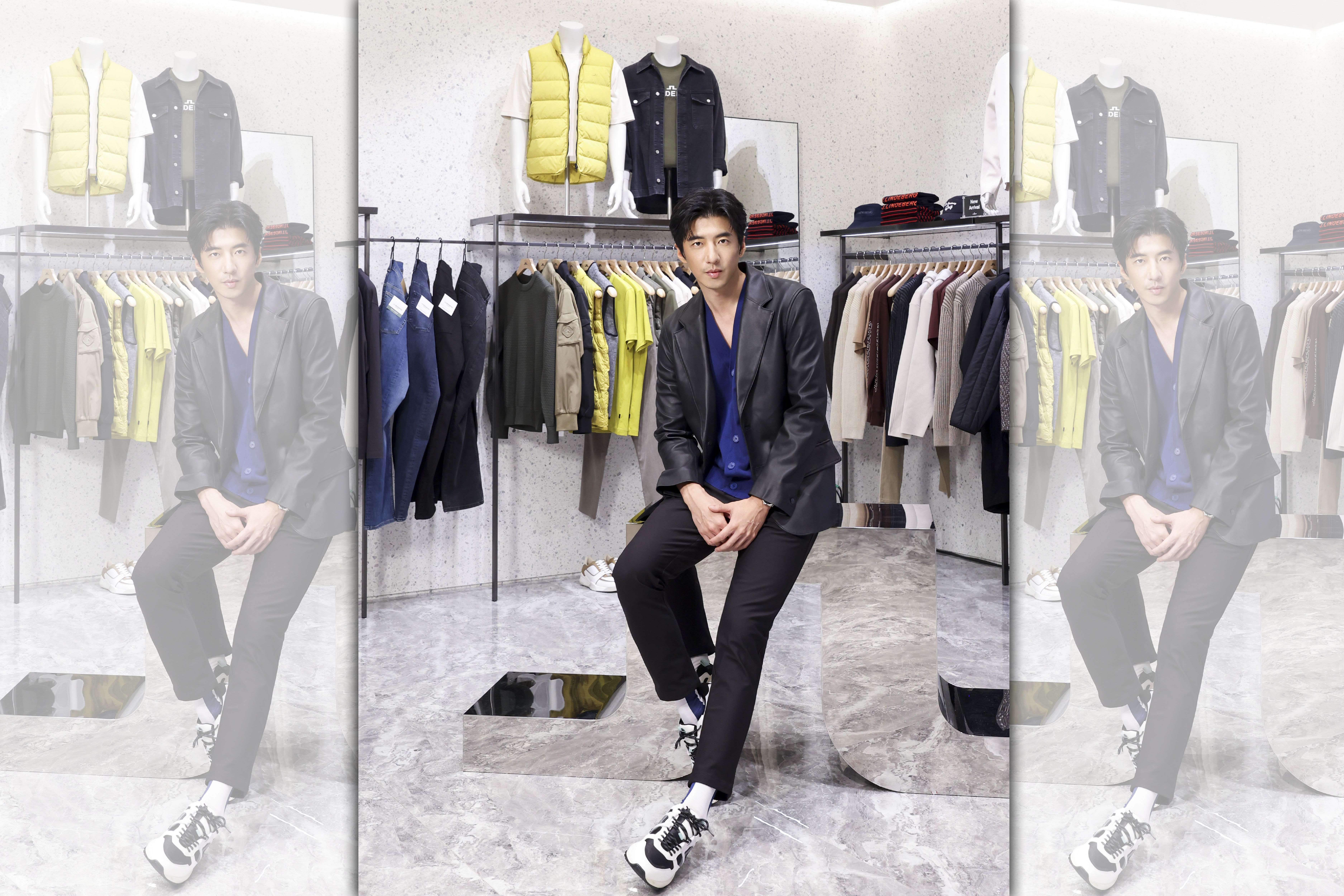 傅孟柏以J.LINDEBERG品牌形象大使身分出席記者會，行頭包括小羊皮合身獵裝NT$27,980、極輕透氣針織背心NT$5,980、JL Vent 500全方位經典白色球鞋NT$7,980。（J.LINDEBERG提供）