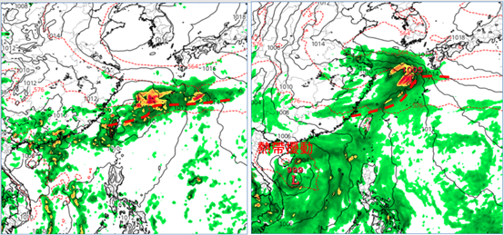 最新歐洲模式29日8時模擬圖顯示，第4波「梅雨季」鋒面移入，伴隨西南風的增強（左圖）。最新美國模式則模擬29日8時，除了鋒面，南海還有「熱帶擾動」（右圖）。（翻攝自氣象應用推廣基金會／圖擷自tropical tidbits）