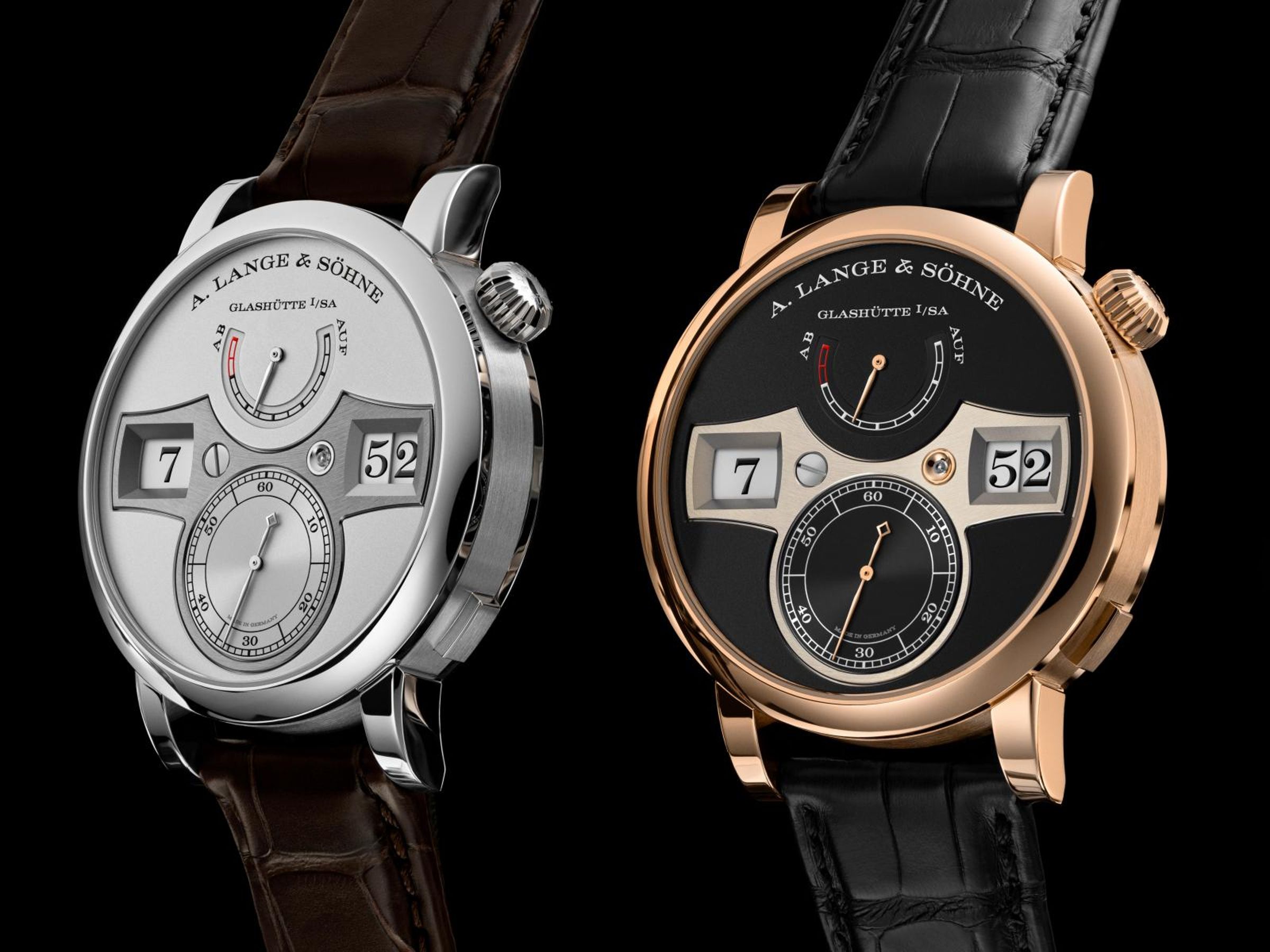 朗格(A. Lange & Söhne)Zeitwerk 跳字錶,共有950鉑金與18K玫瑰金錶殼二種款式可供選擇。