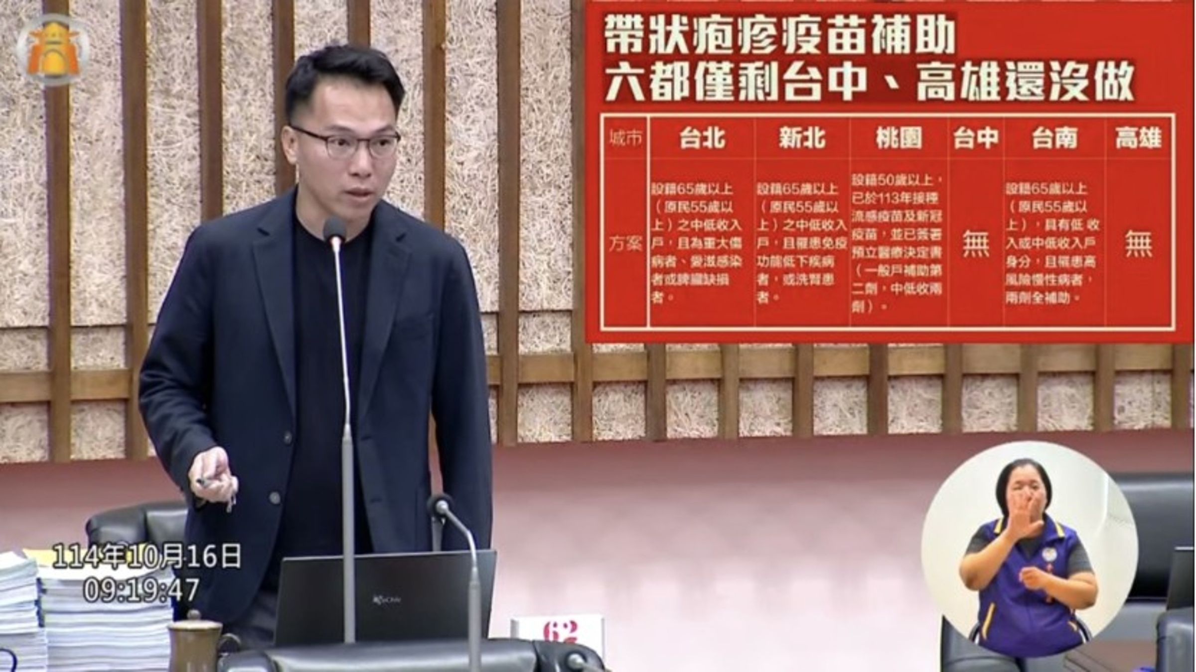 林智鴻今日在議會爭取為65歲以上低收、中低收入戶，或具重大傷病或高風險市民施打公費帶狀疱疹。（林智鴻提供）