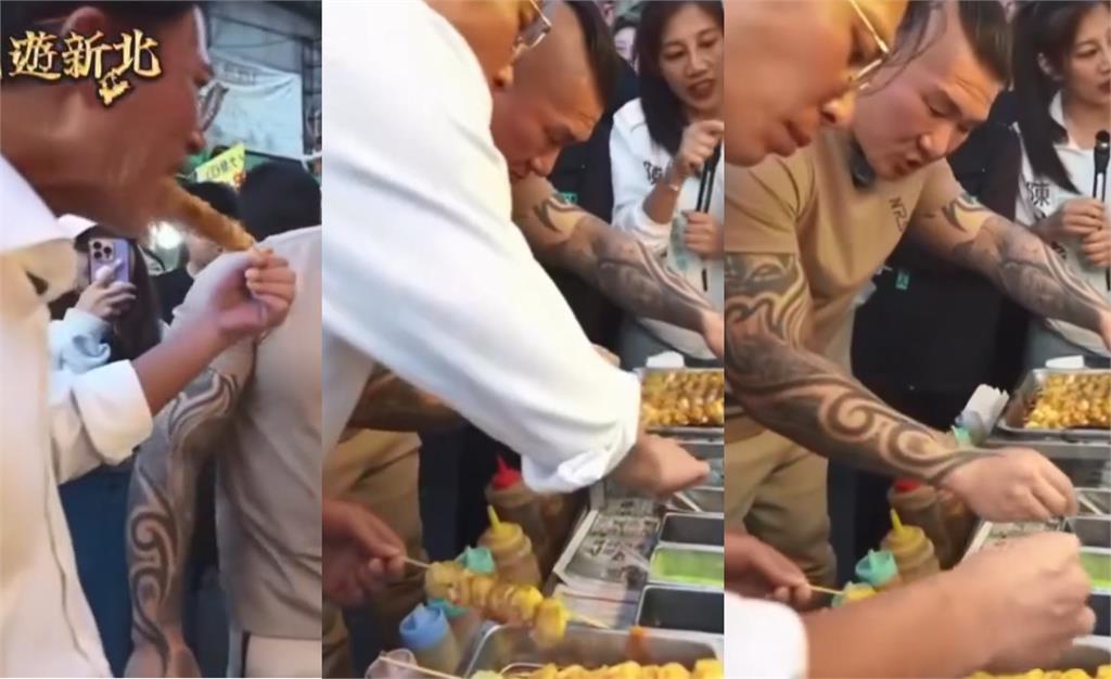 黃國昌與館長前往樂華夜市吃鳥蛋串，結果黃被抓包將吃過的鳥蛋反覆到公用醬料區「回沾」。（翻攝自Threads）