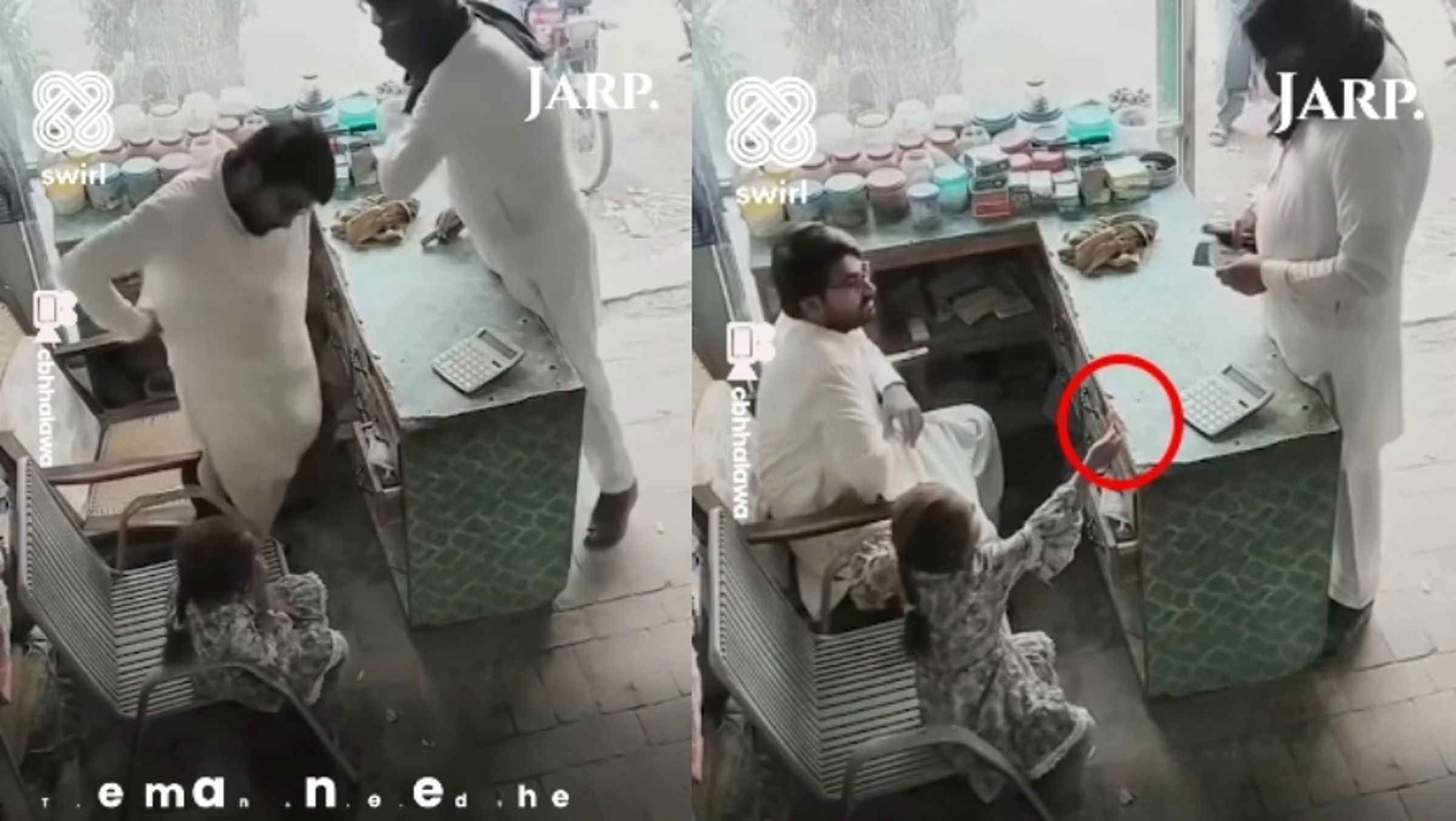 持槍男子打劫雜貨店，5歲女童將棒棒糖遞向搶匪，意外改變結局，全程被監視器拍下。（翻攝自instagram / jarpmedia）